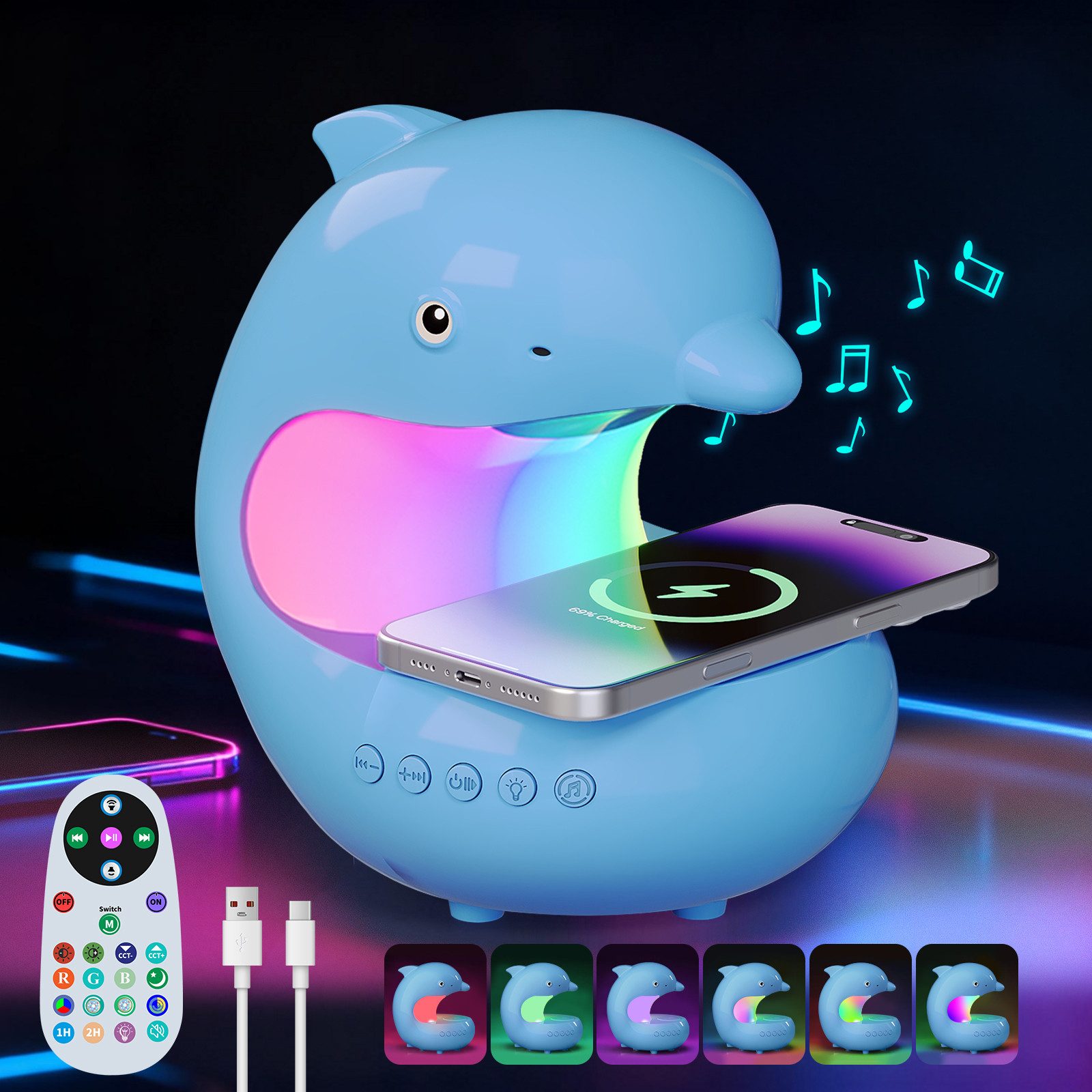 Rosnek LED Nachttischlampe Kinder nachtlicht Delphin, RGB mit Bluetooth Lautsprecher, 3 Farben, LED fest integriert, Kabelloses 15W Smartphone-Laden, Timer Home Schlafzimmer