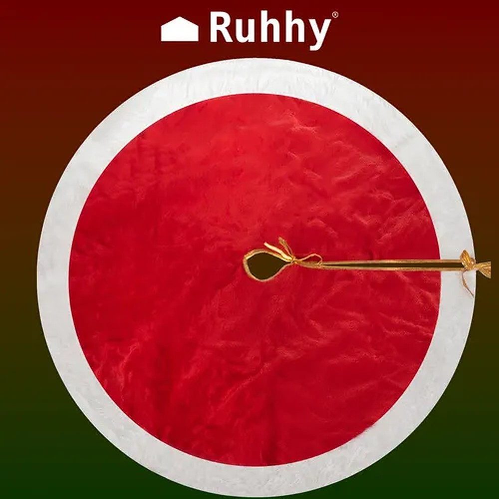 Ruhhy Weihnachtsbaumdecke Christbaumteppich Baumunterlage Plüschmatte (1-tlg), Plüsch, weißer Fellrand, Goldband, 90 cm, Bodenschutz