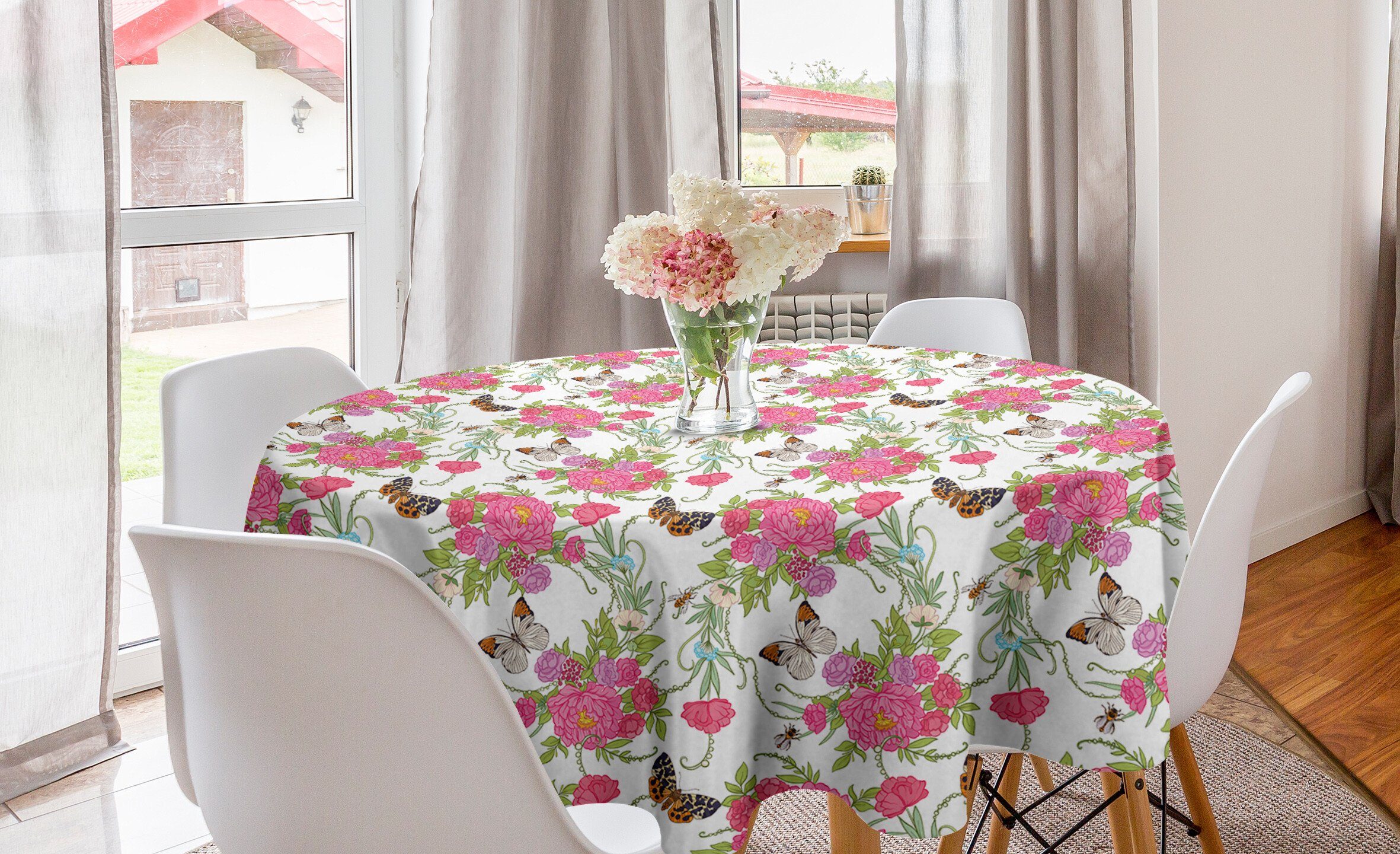 Abakuhaus Tischdecke Kreis Tischdecke Abdeckung für Esszimmer Küche Dekoration, Frühling Schmetterlinge auf Blumen-Kunst