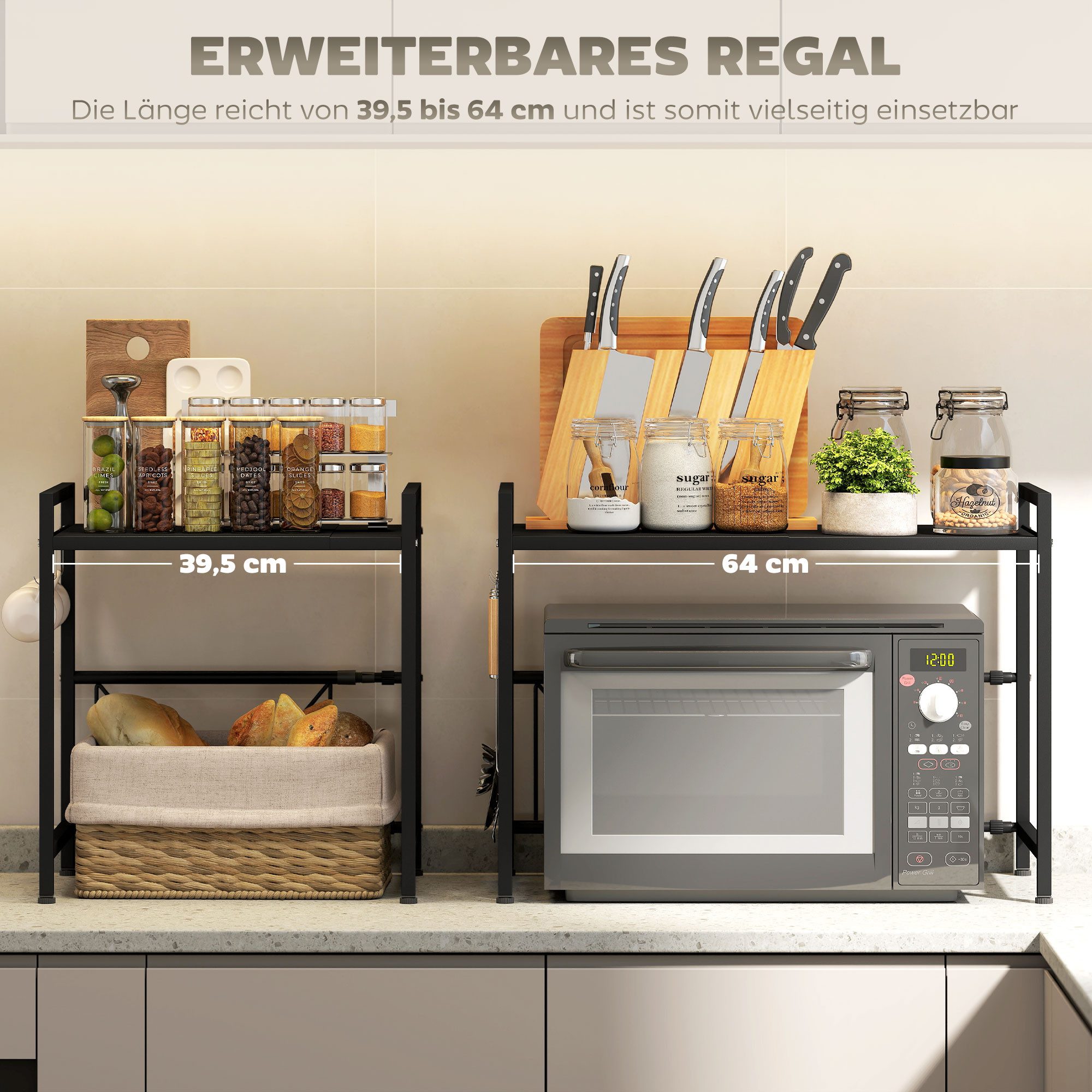 HOMCOM Küchenregal Mikrowellenregal 2-stufig mit 3 Haken Küchen Organizer, Mikrowellenhalter 1-tlg., aus Metall, Schwarz – Bild 5 von 5