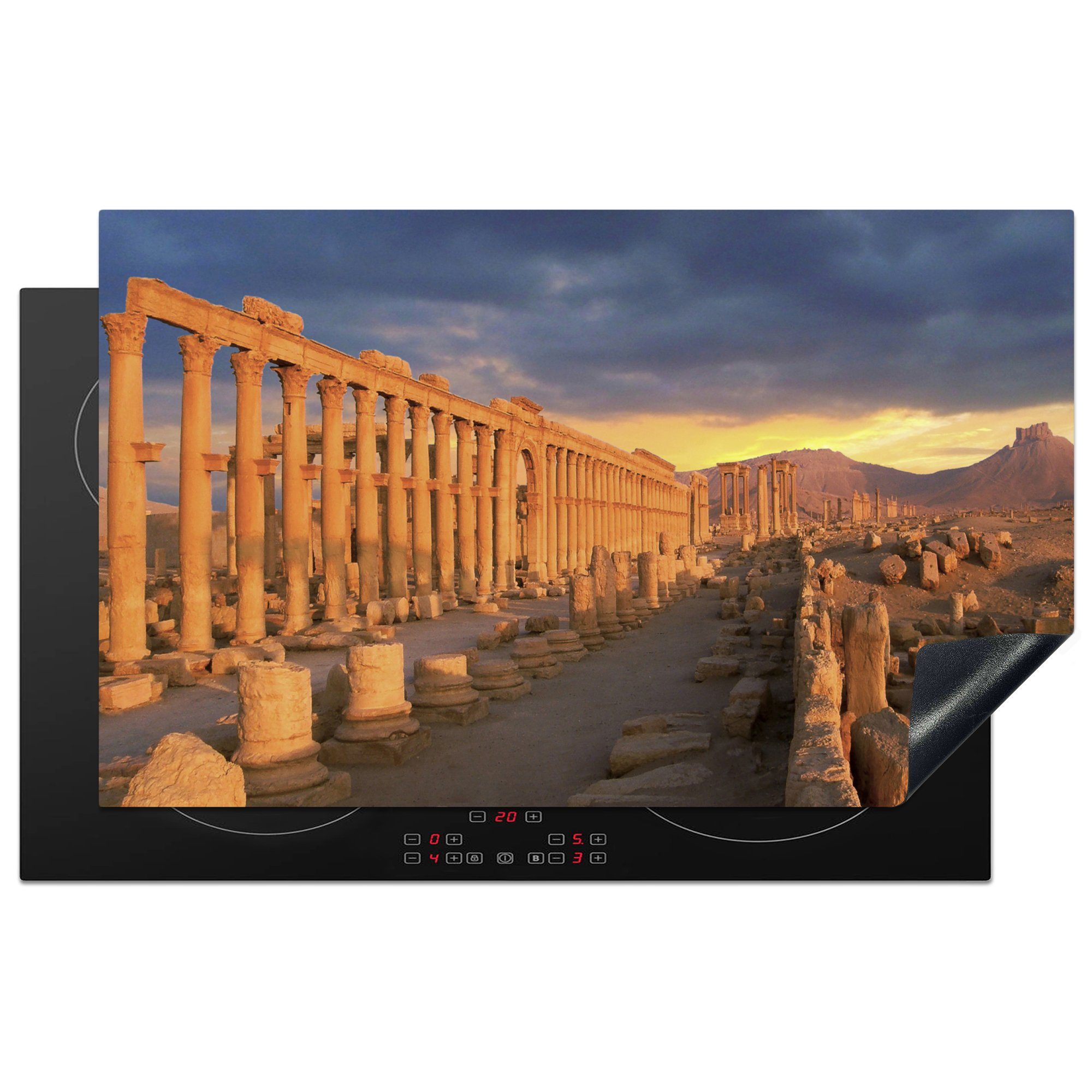 MuchoWow Herdblende-/Abdeckplatte Kolonnade in der Stadt Palmyra in Syrien, Vinyl, (1 tlg), 83x51 cm, Ceranfeldabdeckung, Arbeitsplatte für küche