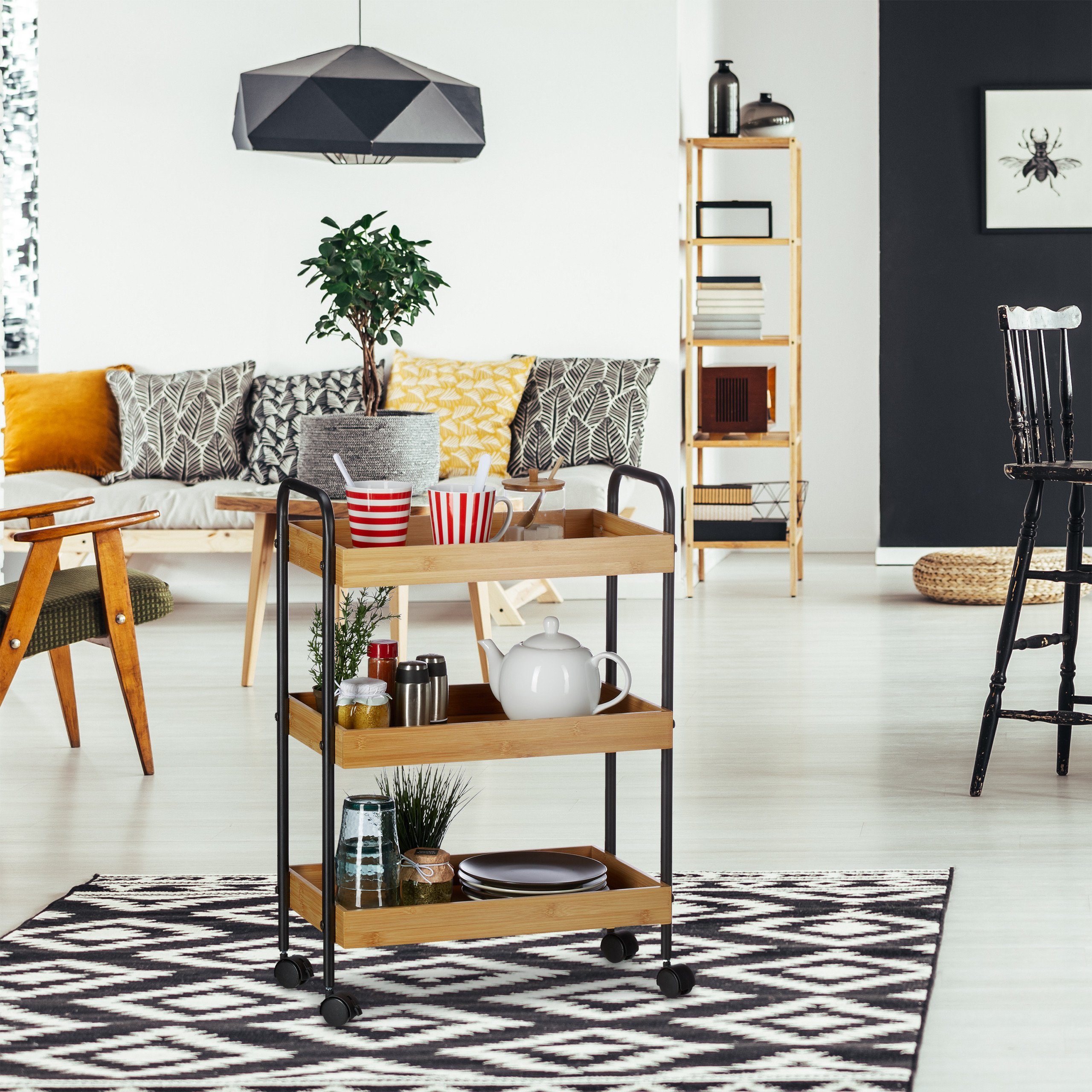 relaxdays Küchenwagen Bambus Rollwagen mit 3 Ablagen günstig online kaufen