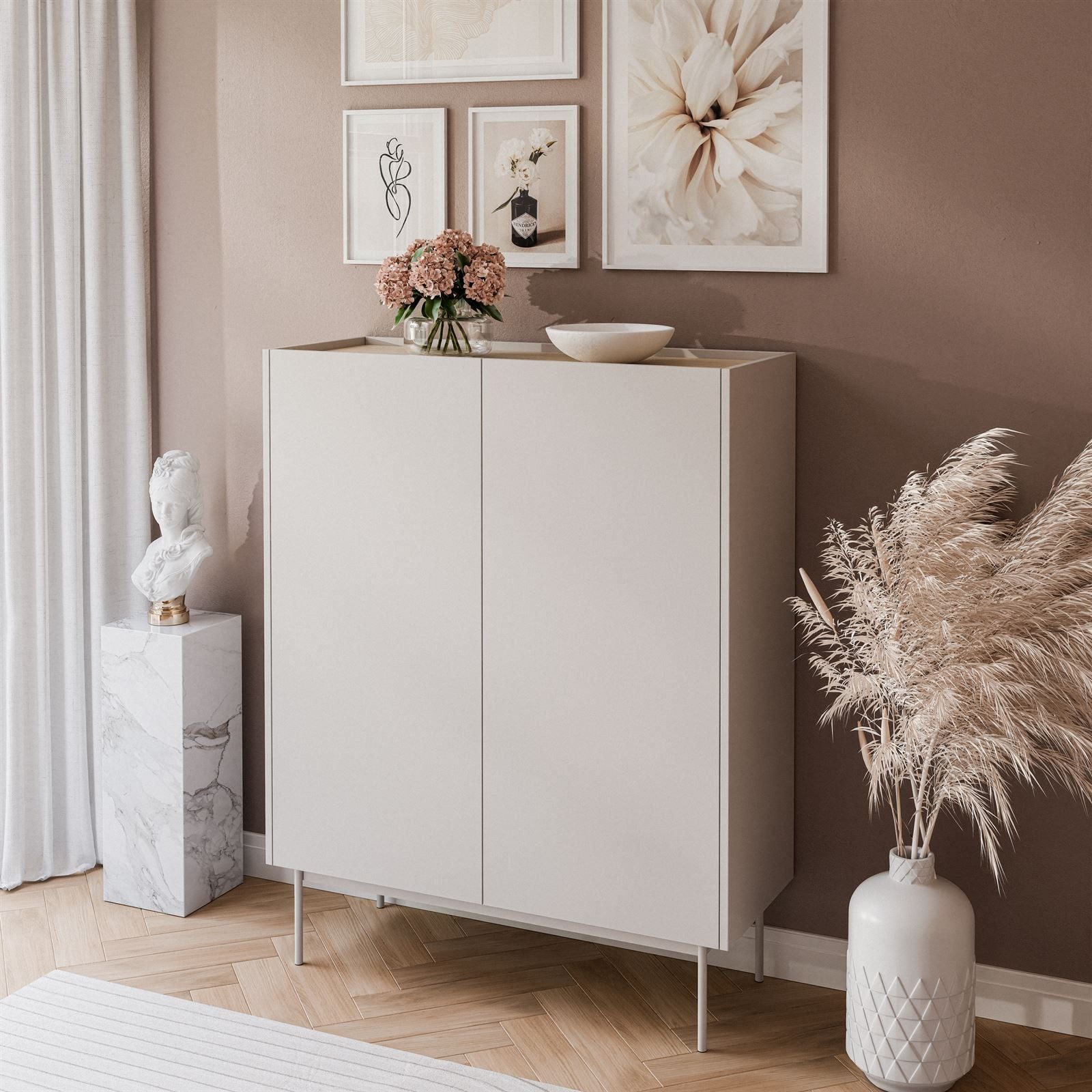 Lookway Hochkommode ESSENCE 2D KD97 mit Zweiflügelige Anrichte Kaschmir / Eiche Linea, 97x37x122 cm – Bild 2 von 5