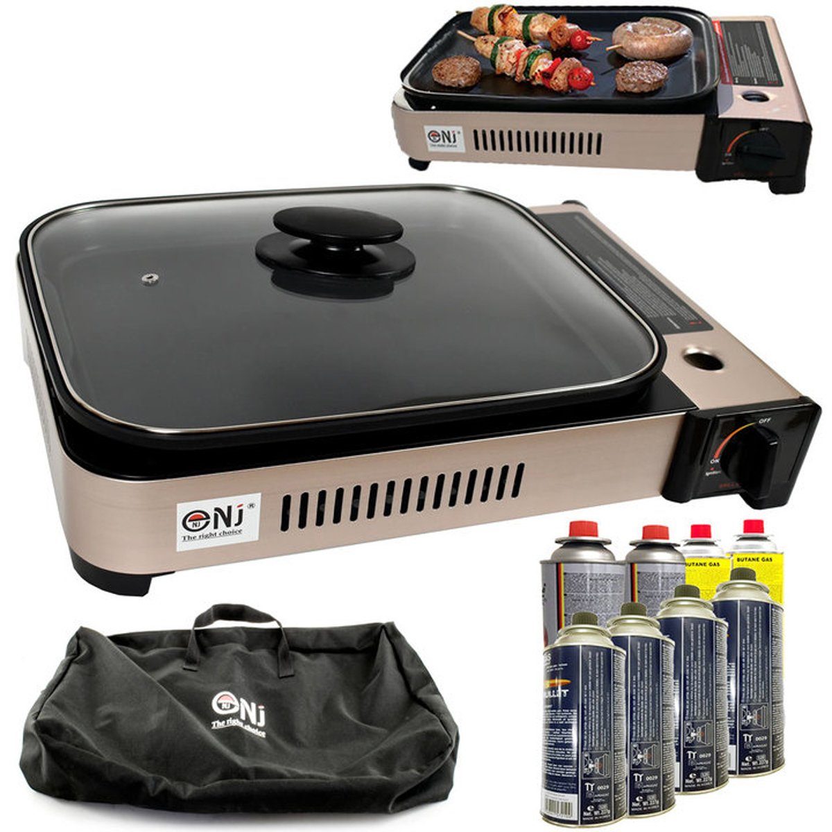 NJ The Grillpfanne right Grill, + choice Gas 8x Tischgrill Gas BBQ + Camping-Gas Kartuschen