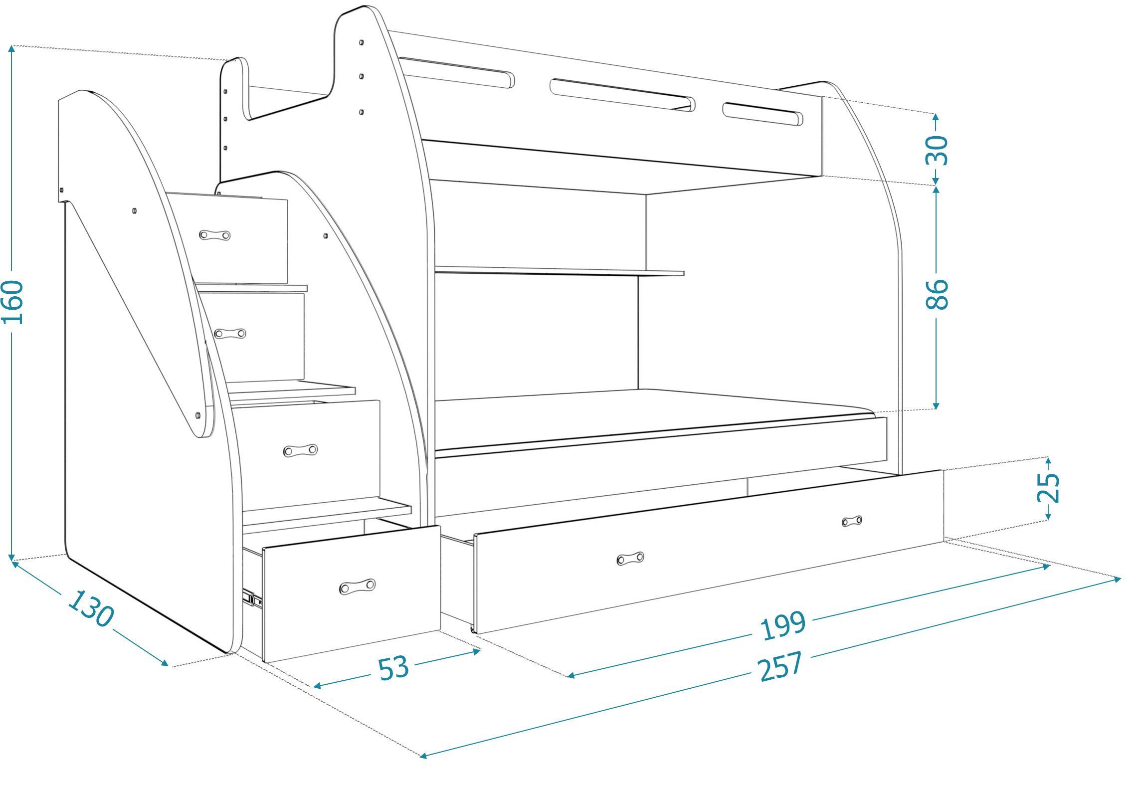 AJKmeble Hochbett Etagenbett 90x200 / 120x200cm, Treppe und Ausziehbett für 2 Kinder (MADE IN EU - wählbar in Farben weiß, blau, grün, rosa oder grau, für Jungen und Mädchen, Jugendbett) Treppe beidseitig montierbar
