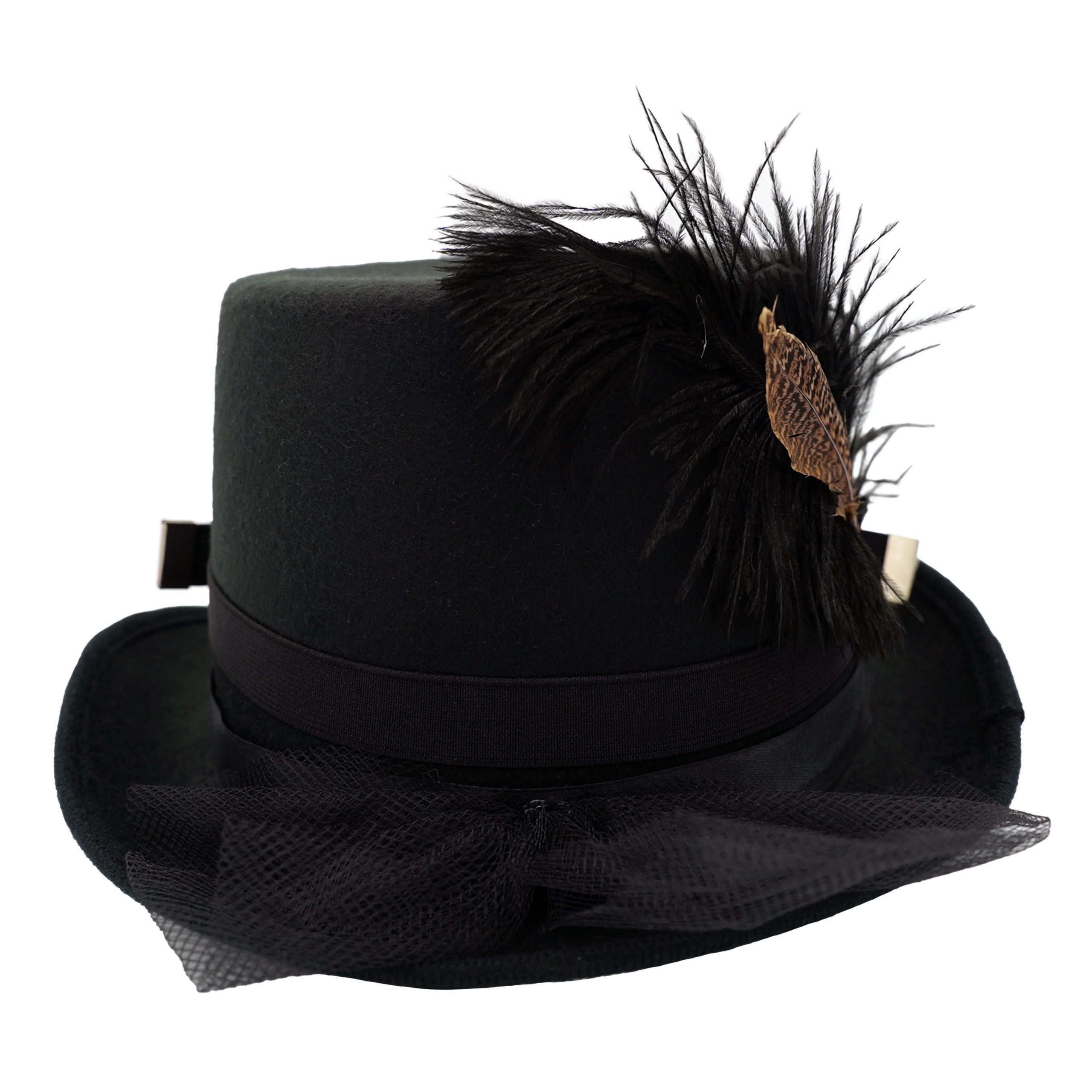 Bock-op-Kölle Zylinder Bock op Kölle Zylinder Hut Steampunk Feder mit Brille schwarz