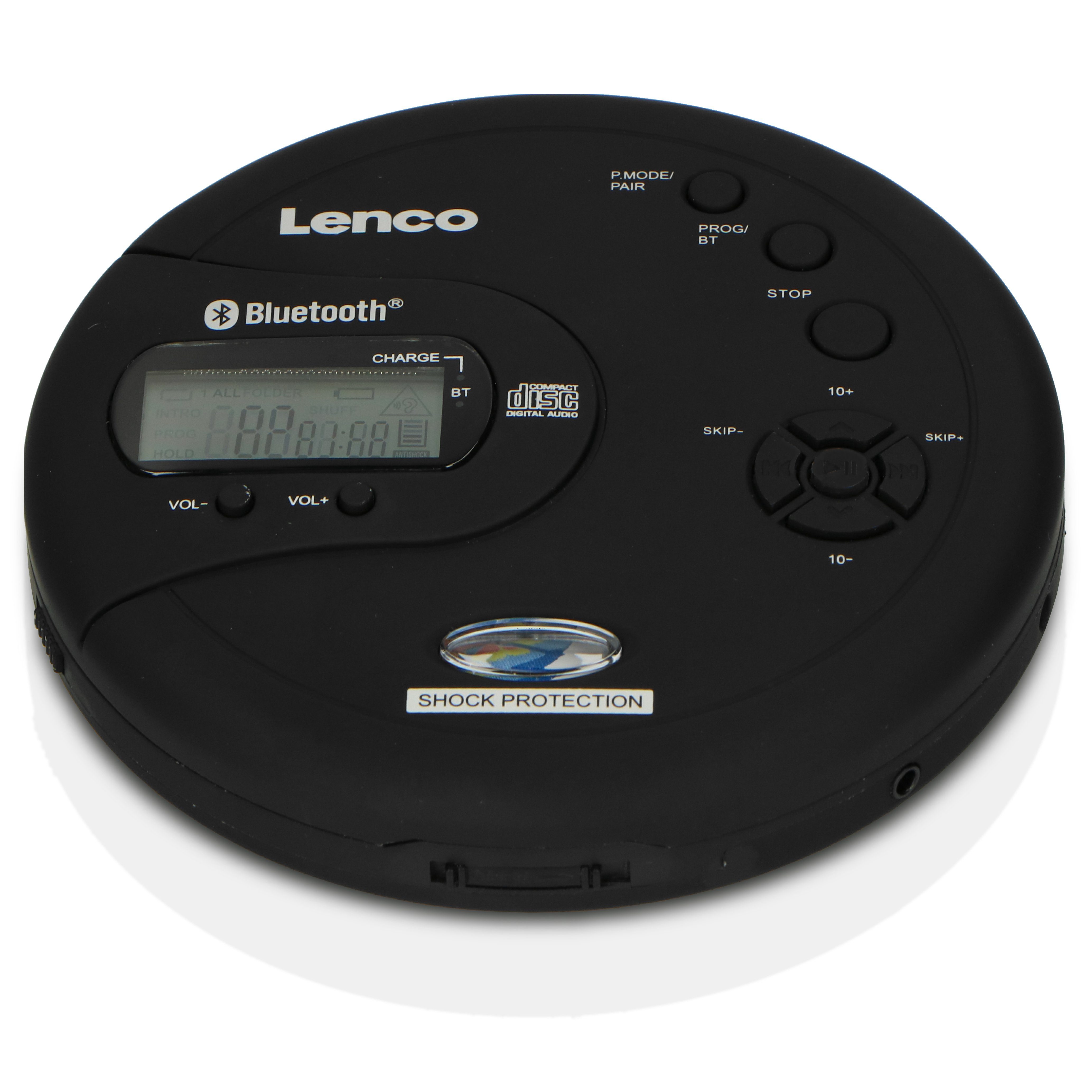Lenco CD-300BK CD-Player (HD-Auflösung, Bluetooth, Anti-Shock, Bluetooth, LCD, inkl. 2x 2000mAh -Batterien & Kopfhörer)