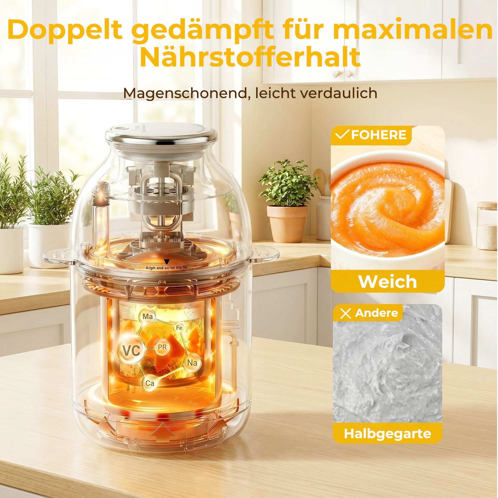 FOHERE Babynahrungszubereiter Automatischer Zerkleinerer, Dampfgarer und Mixer, aus Edelstahl, weiß – Bild 4 von 5