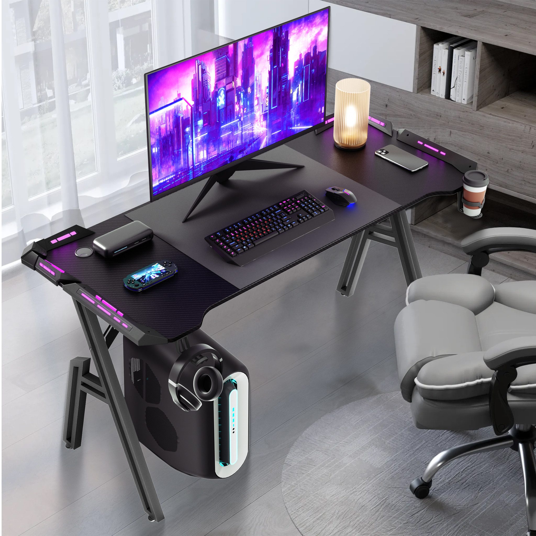Computertisch Gaming Schreibtisch mit LED A-Förmige Computer Tisch Schwarz