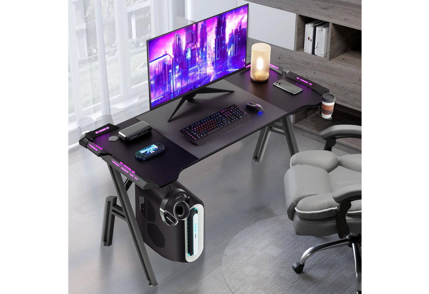 FIVMEN Computertisch Gaming Schreibtisch mit LED A-Förmige Computer Tisch Schwarz