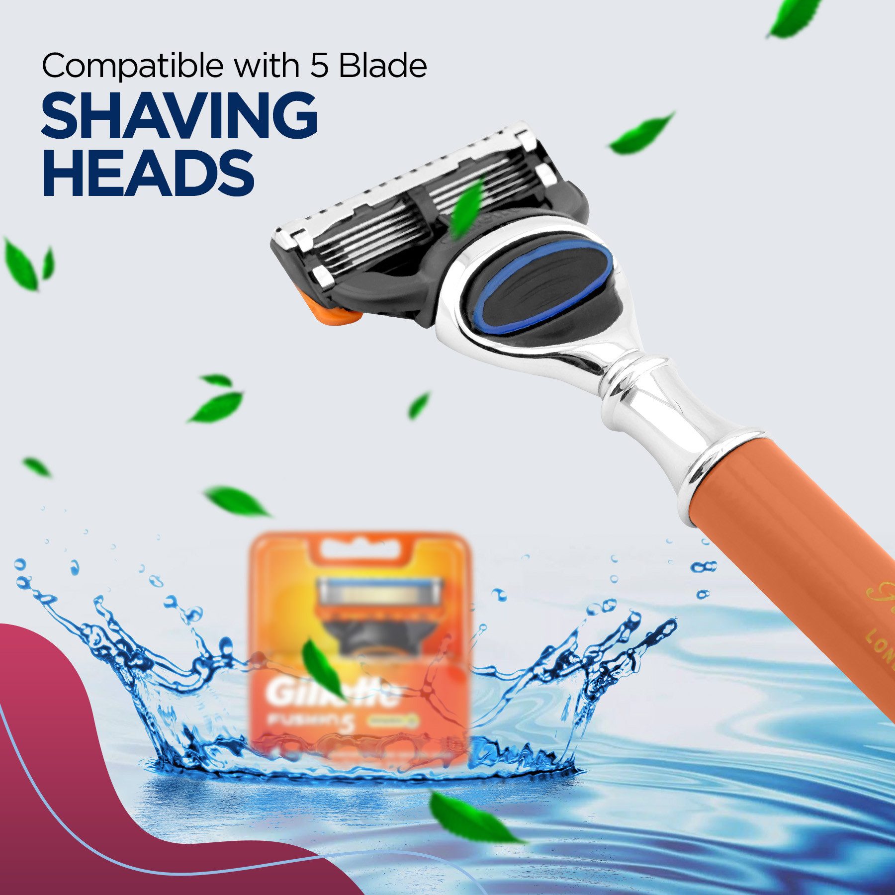 Haryali London Nassrasierer 5-Klingen-Unisex-Rasierer, Vibrant, Körper und Gesicht, Orange, Pack, Rasiermesser mit Klinge und hochwertiger messing-silberner Oberfläche, Abwaschbarer, rutschfester Griff. Passt auf alle Fusion5-Rasierer.