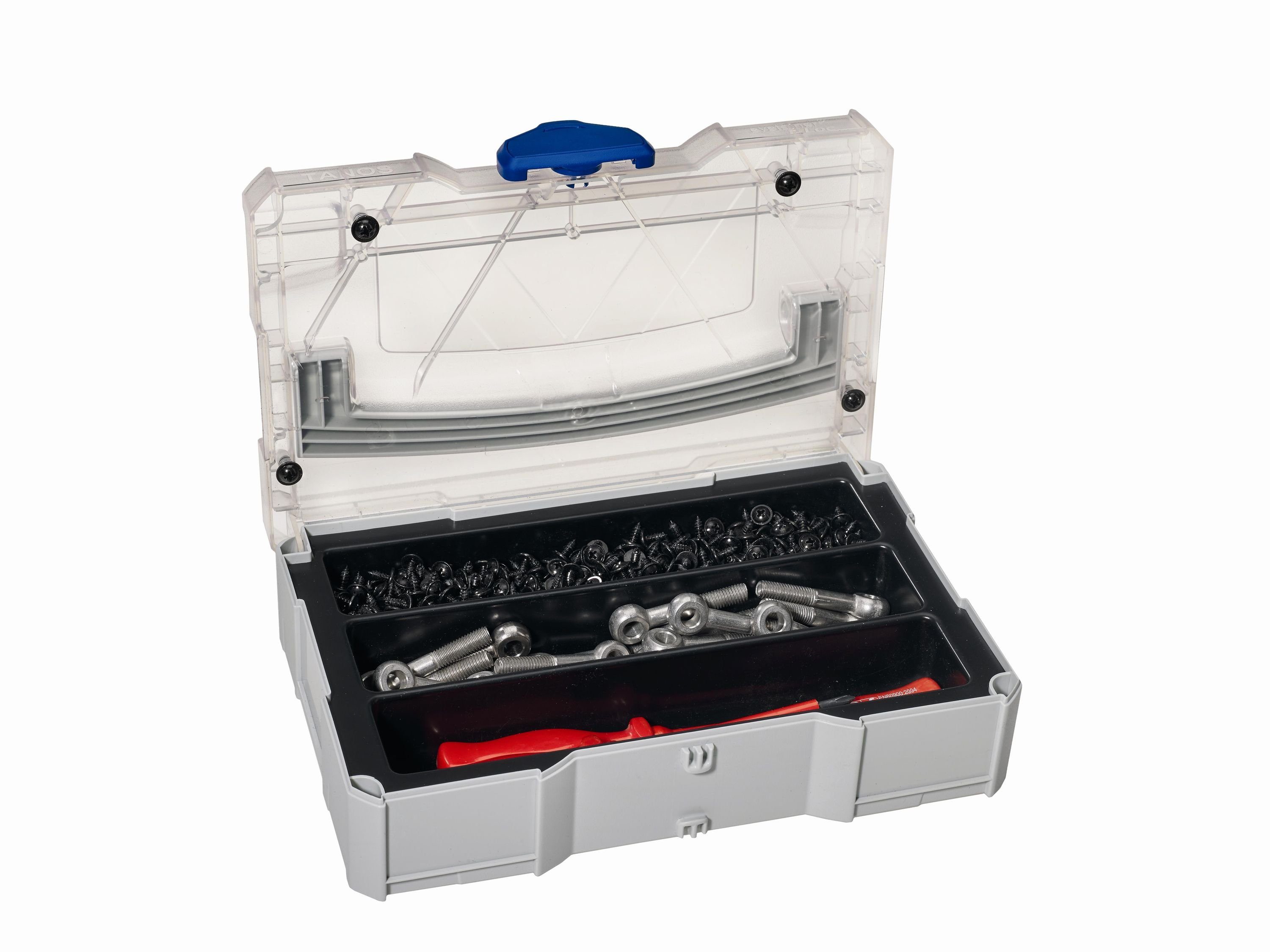 Tanos Werkzeugbox MINI-systainer® T-Loc I Abdeckung mit 3-fach Deckel, mit und Tiefziehteil Kleinteile Einteilung für transparenter 3-fach transparentem