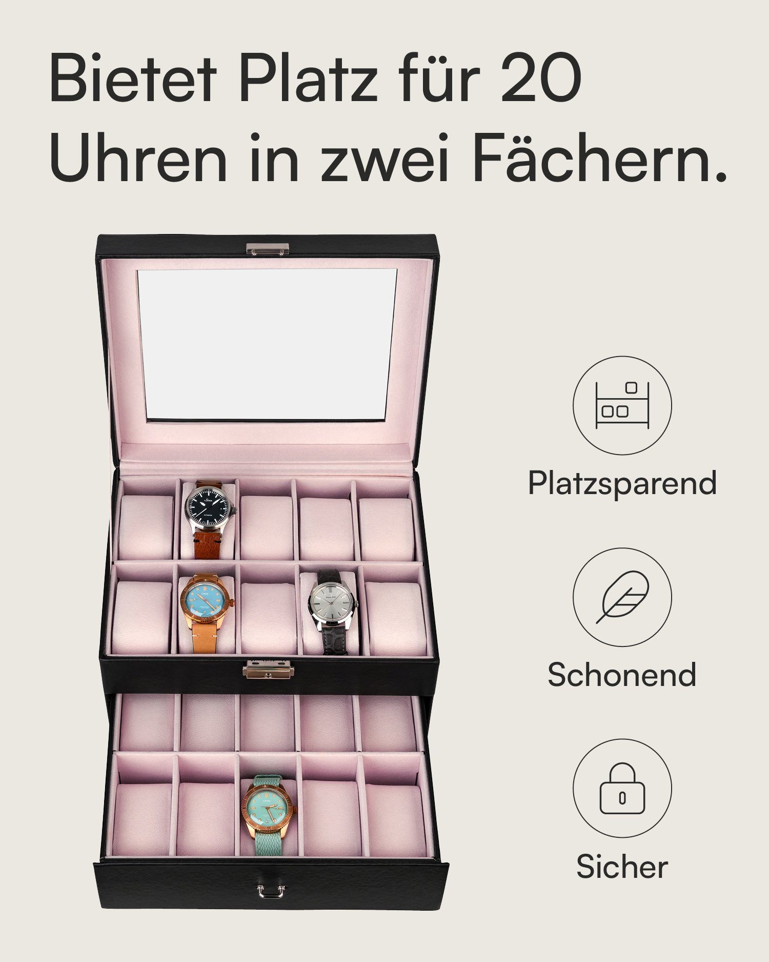 shelfmade Uhrenbox Uhren Aufbewahrungskiste Uhrenbox Uhrenkoffer Uhrenkasten für 20 Uhren