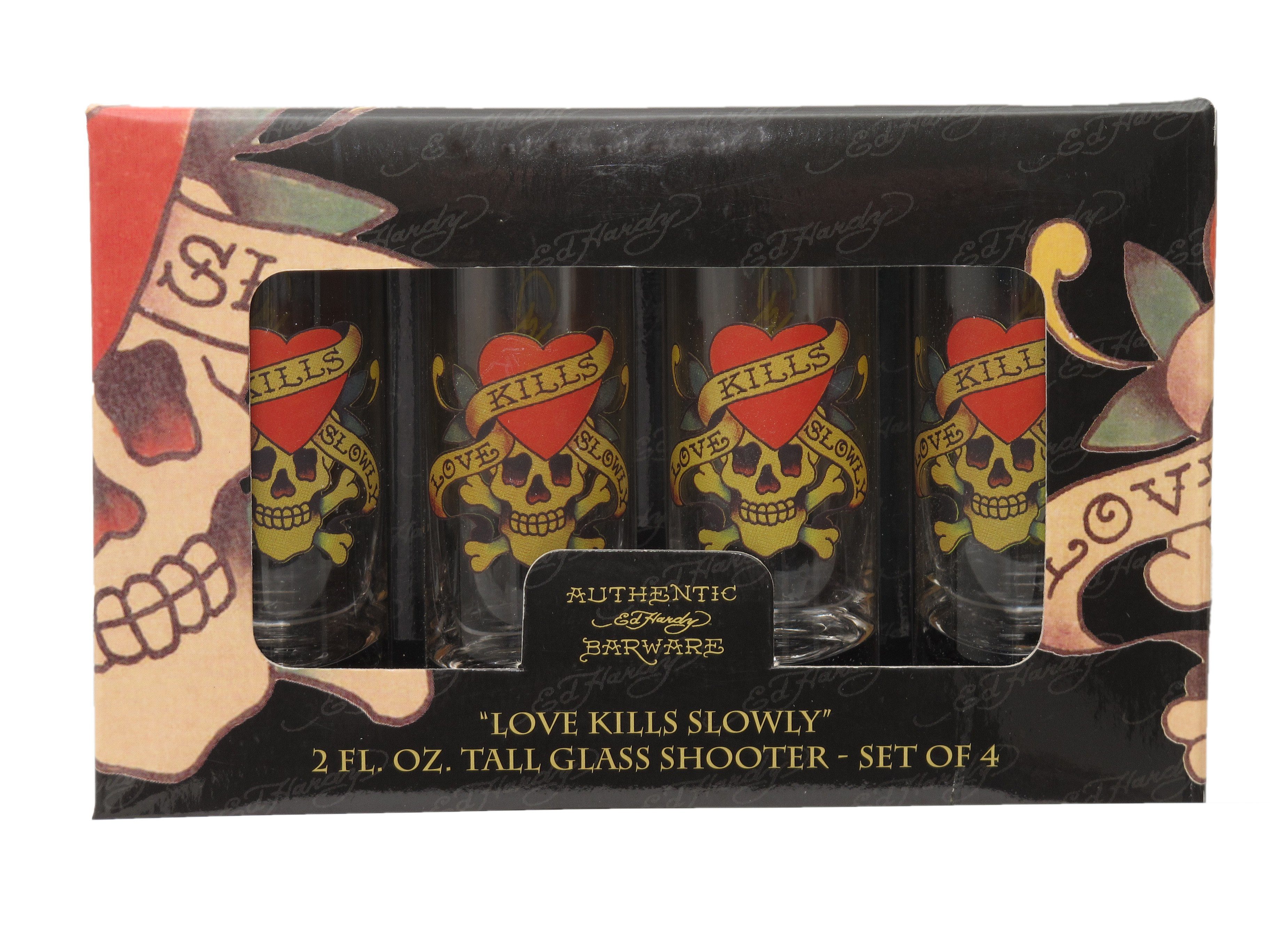 Ed Hardy Gläser-Set Ed Hardy - Schnapsgläser 4er Set Love Kills Slowly Stamper Gläser, Glas