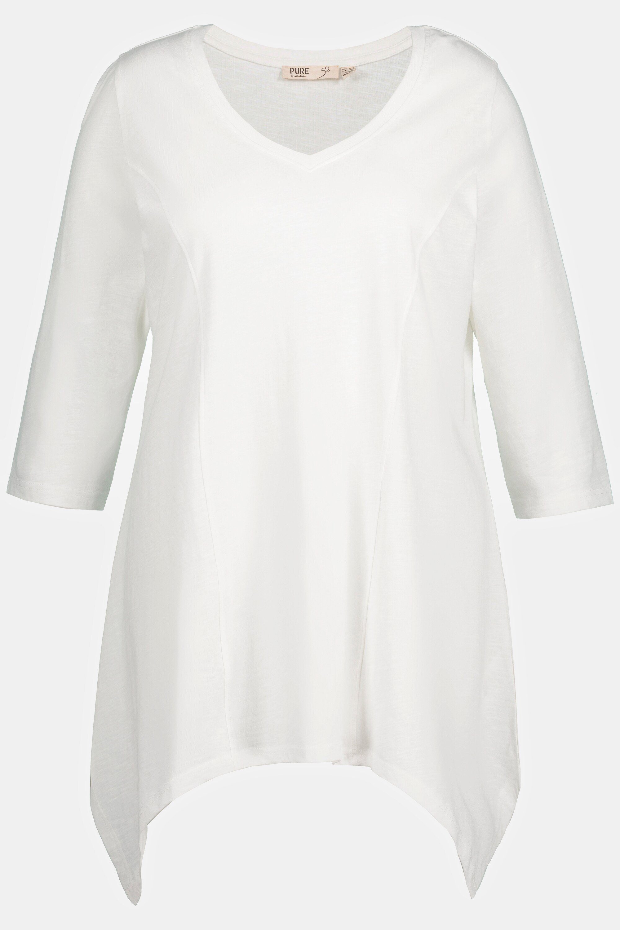 Zipfelsaum Biobaumwolle Shirt V-Ausschnitt Rundhalsshirt Ulla 3/4-Arm offwhite Popken