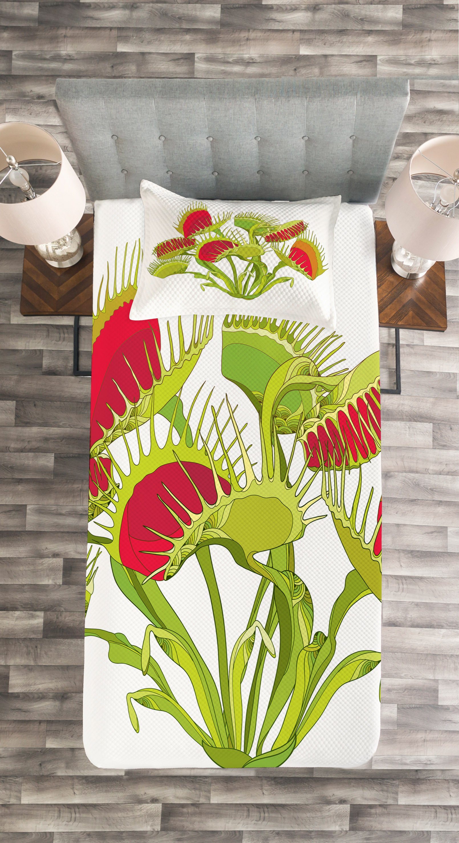 Tagesdecke Set mit Kissenbezügen der Flytrap Waschbar, Venusfliegenfalle Blumenstrauß Abakuhaus