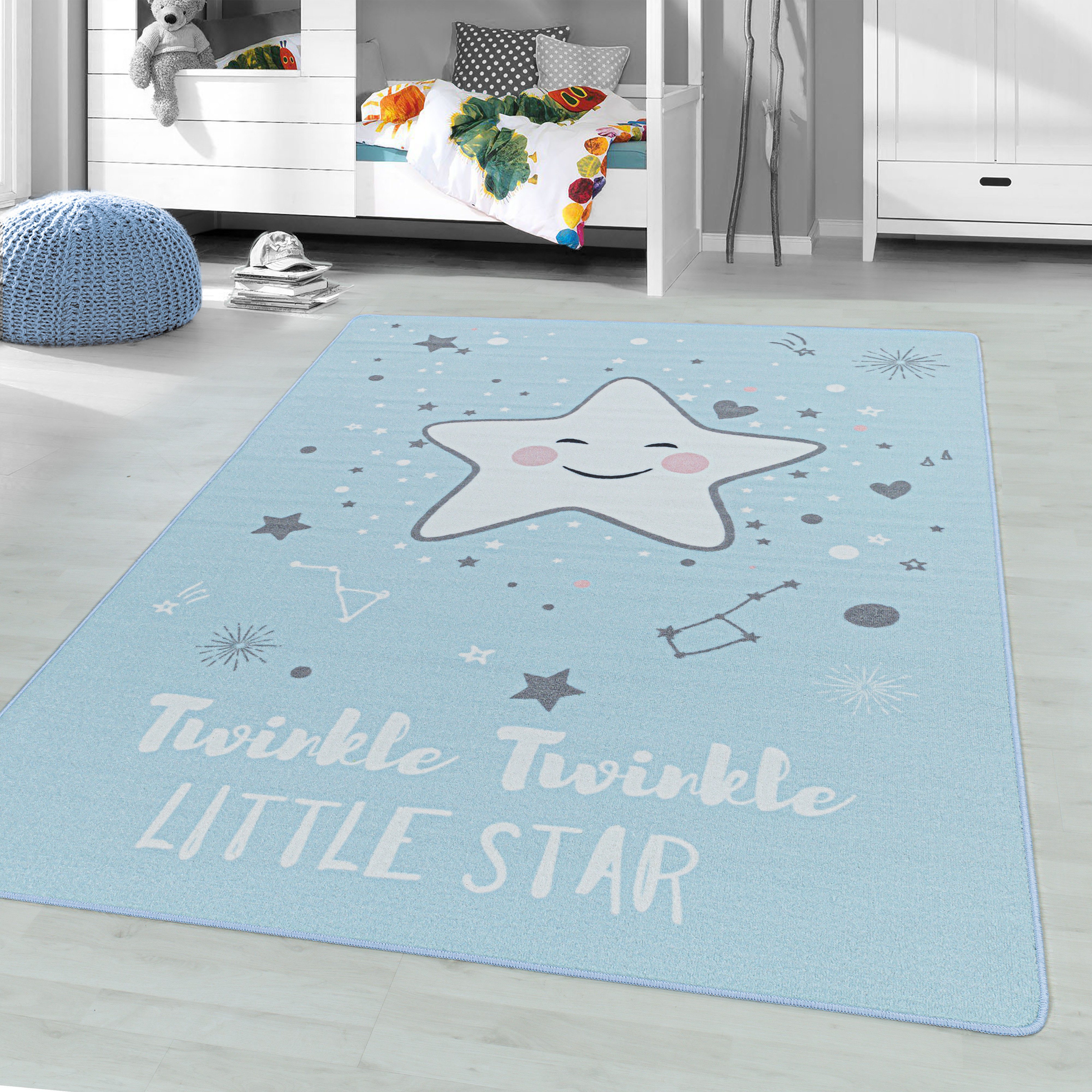 Kinderteppich Sterndeko Miovani Blau Kinderteppich Sternenteppich Kurzflorteppich, Kinderzimmer
