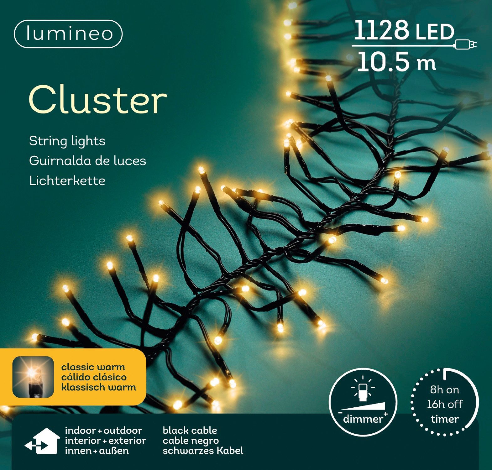 Lumineo LED-Lichterkette Lumineo Lichterkette CLUSTER 1128 LED 10,5 m klassisch warm, schwarz, Indoor/Outdoor, dimmbar, 8h-Timer, + 5 m Zuleitung