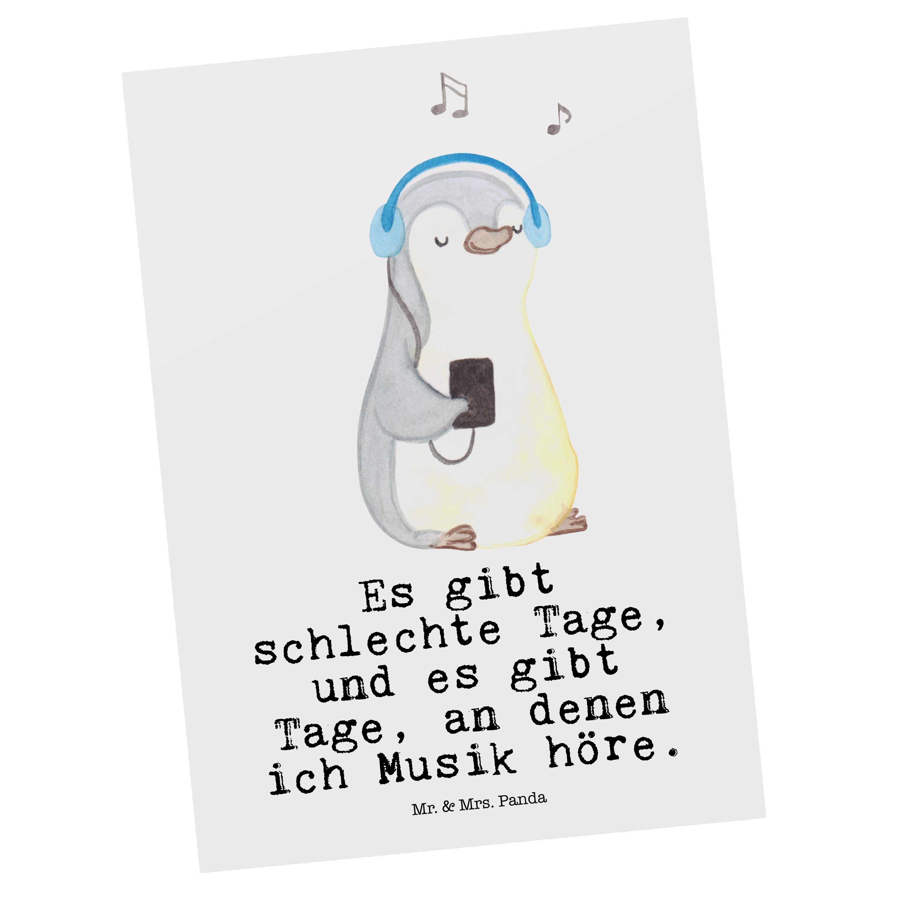 Mr. & Mrs. Panda Postkarte Pinguin Musik hören Tage - Weiß - Geschenk, Geschenkkarte, Einladung