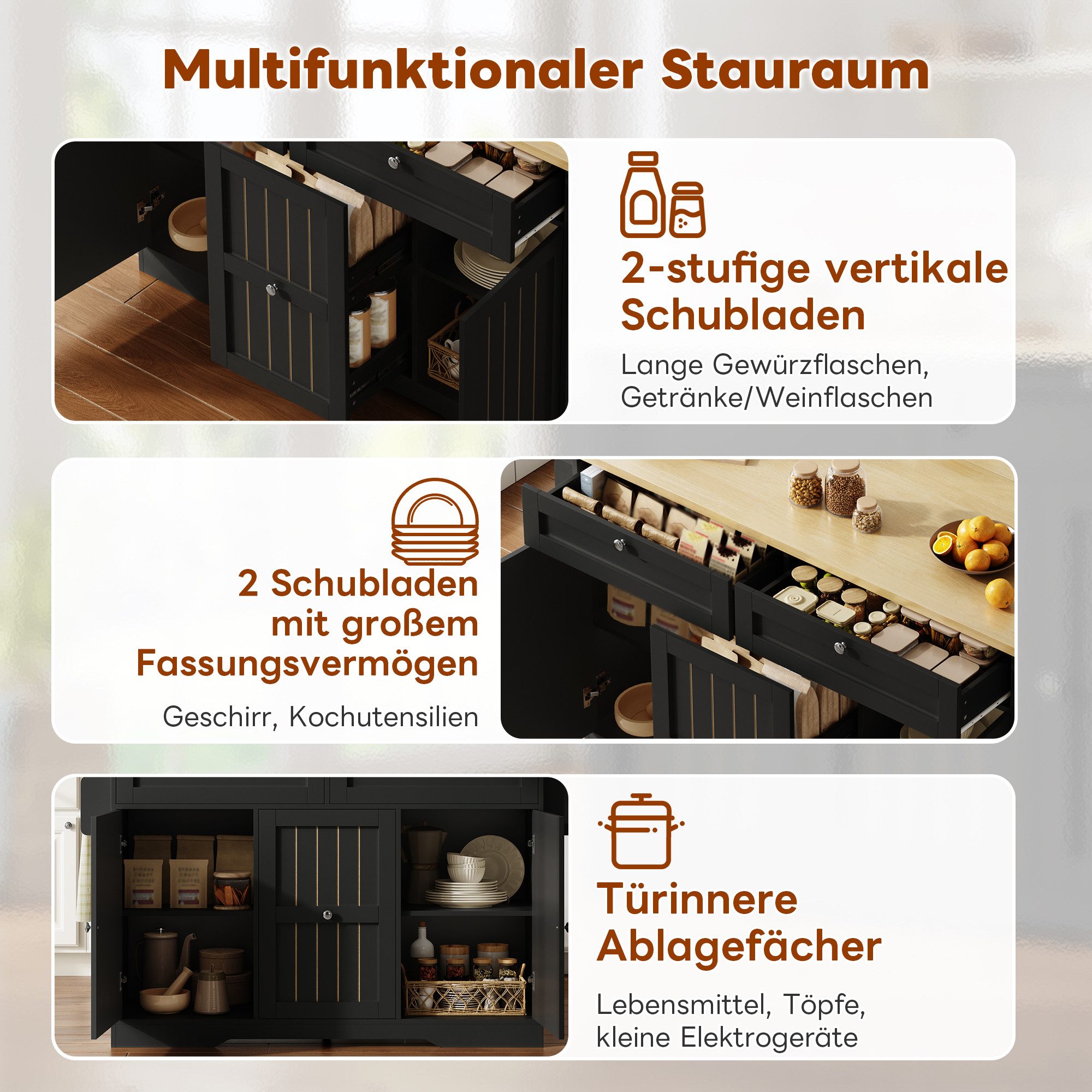 i@home Kücheninsel Mobile Küchenwagen, (Schubladen klappbar Vertikalschubladen Gewürzregal), mit Rollen Arbeitsplatte freistehend, Esszimmer Küche