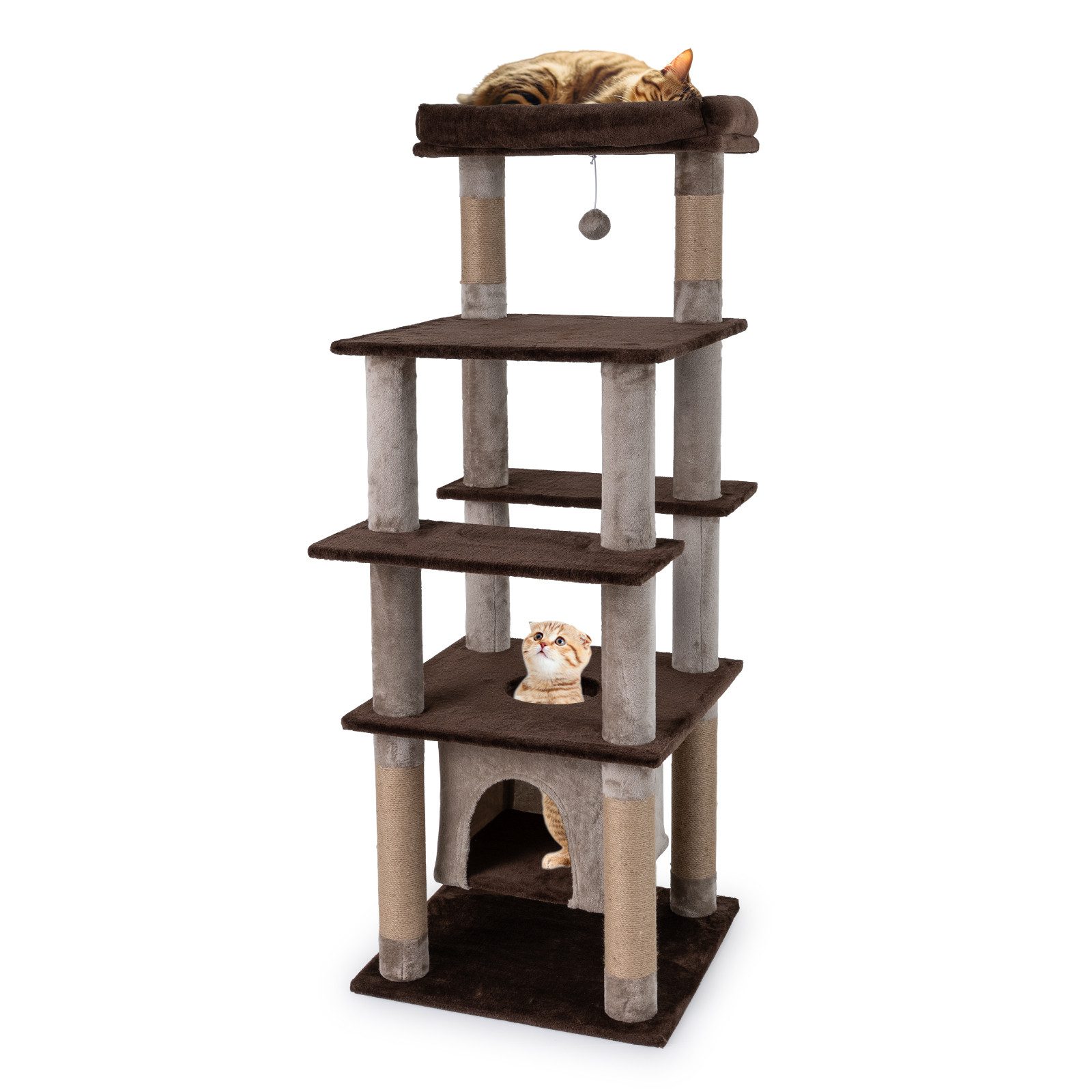 COSTWAY Kratzbaum, Katzenbaum, mit Höhle, Liegebett, Ball, 148cm hoch