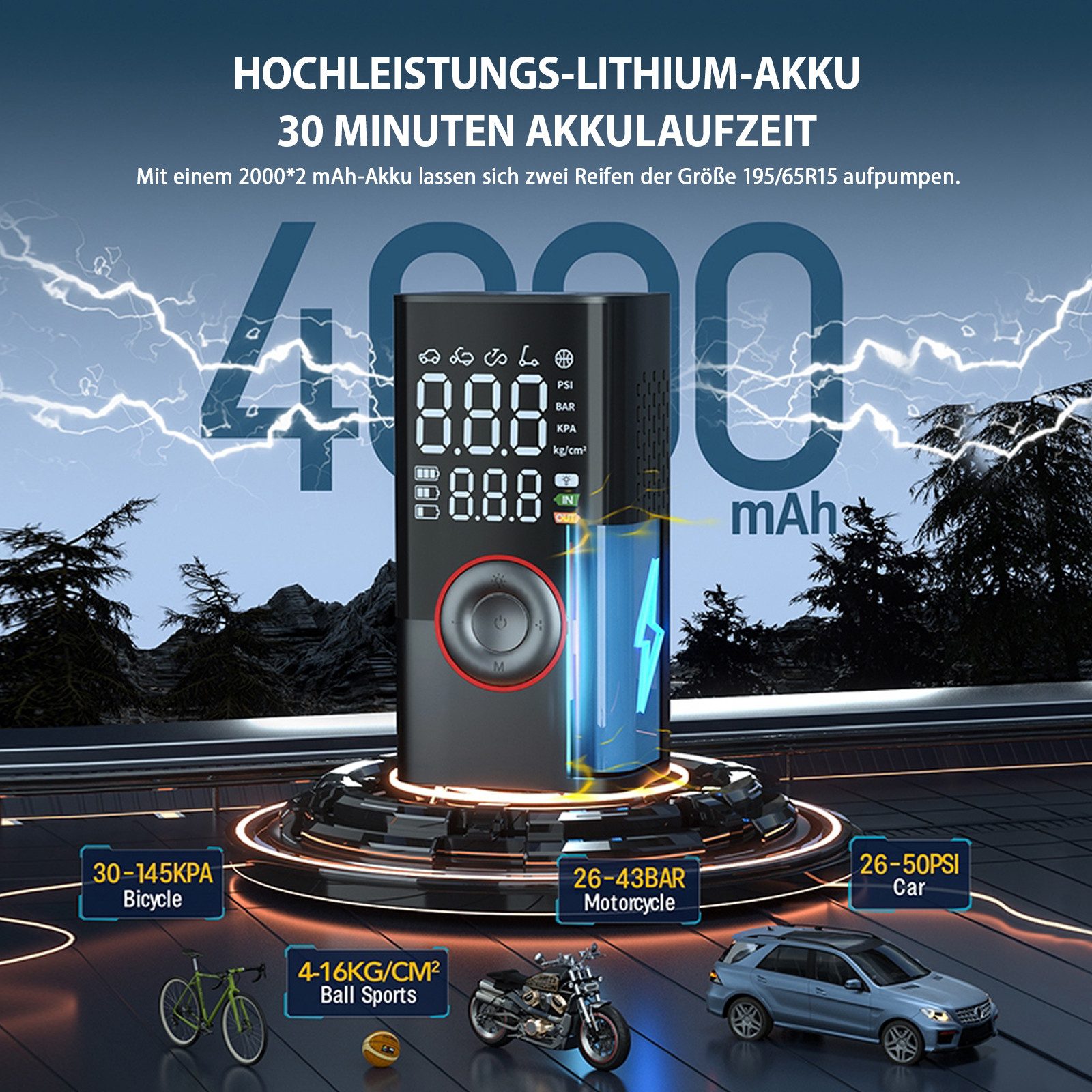 FANNOU Akku-Luftpumpe Digitale Elektrische Luftpumpe mit Druckvoreinstellung, Wiederaufladbar, Luftpumpe für E-bike, Auto, Fahrrad, Motorrad, Bälle