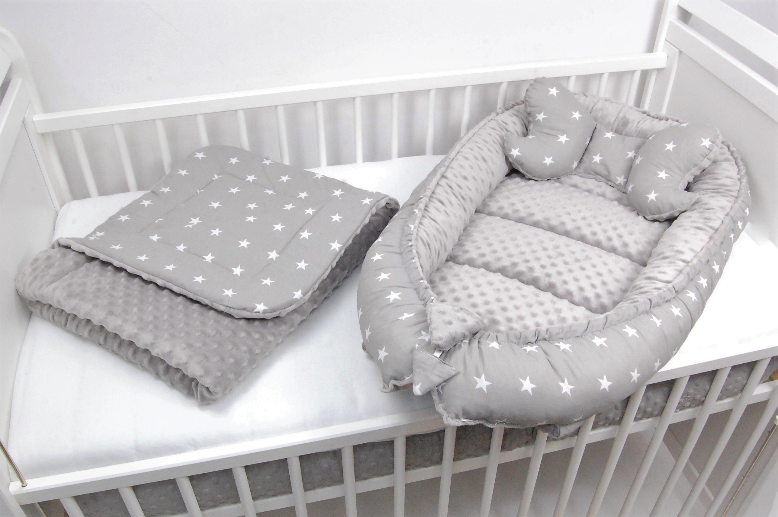 Loolay Bettnestchen MINKY/ Baumwolle BABYNEST Babykokon Geschenk Babyausstattung SETS, (MUSTER: Sterne GRAU/ MINKY Grau, SOLO oder im SETS, 3-tlg., PREMIUM BABY – Bild 3 von 5
