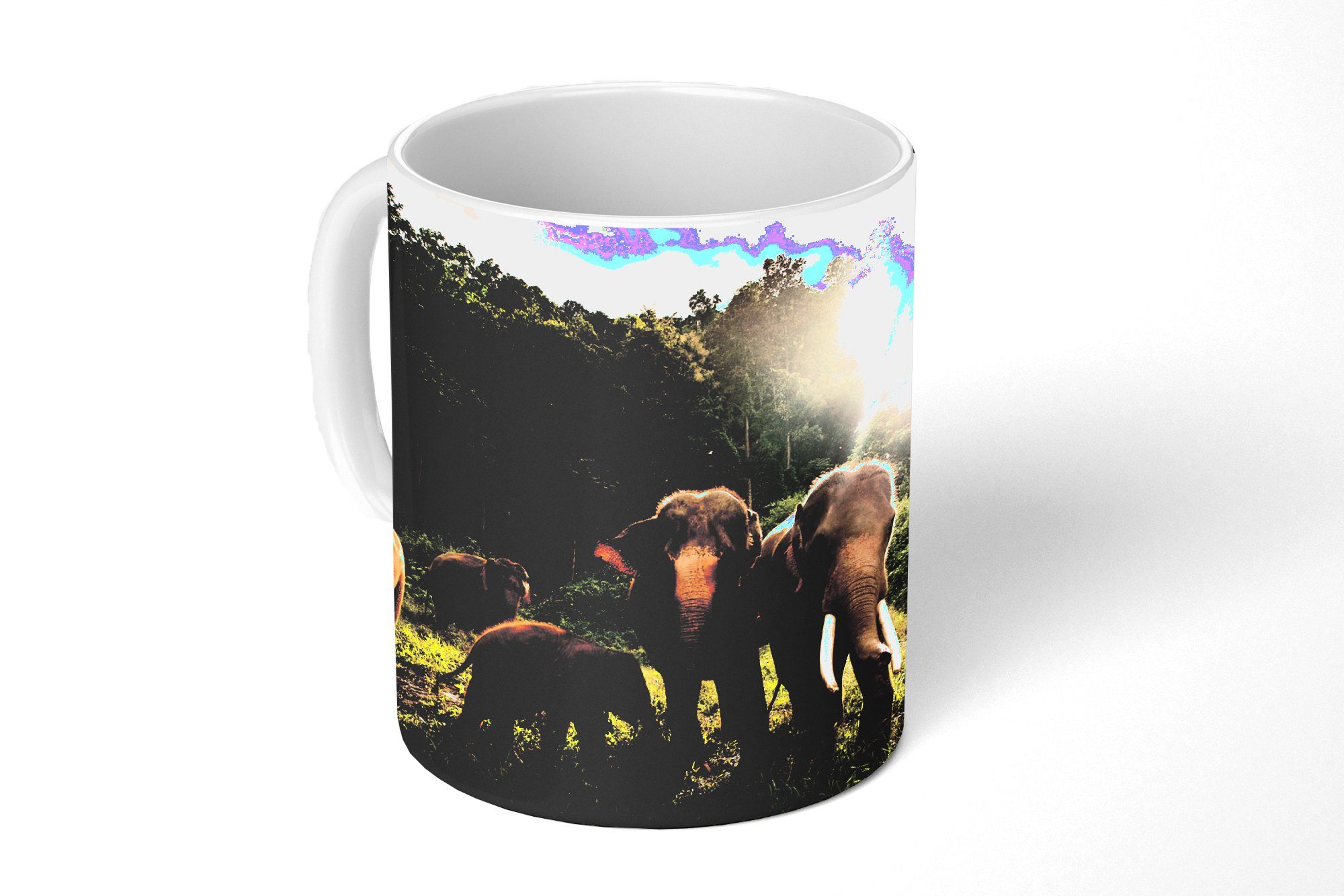 MuchoWow Tasse Wald - Elefanten - Licht, Keramik, Kaffeetassen, Teetasse, Becher, Teetasse, Geschenk