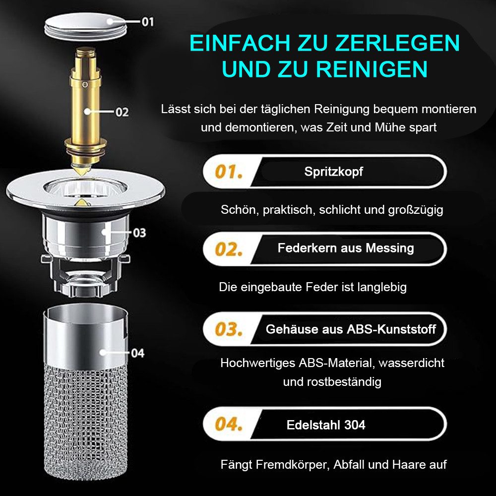 TUWENA Waschbeckenstöpsel 2 Stück 304 Edelstahl Pop Up Abflusssieb, Abflussstopfen Waschbecken, mit Haarsieb, Universelle Waschbeckenstöpsel (34-40mm) – Bild 4 von 5