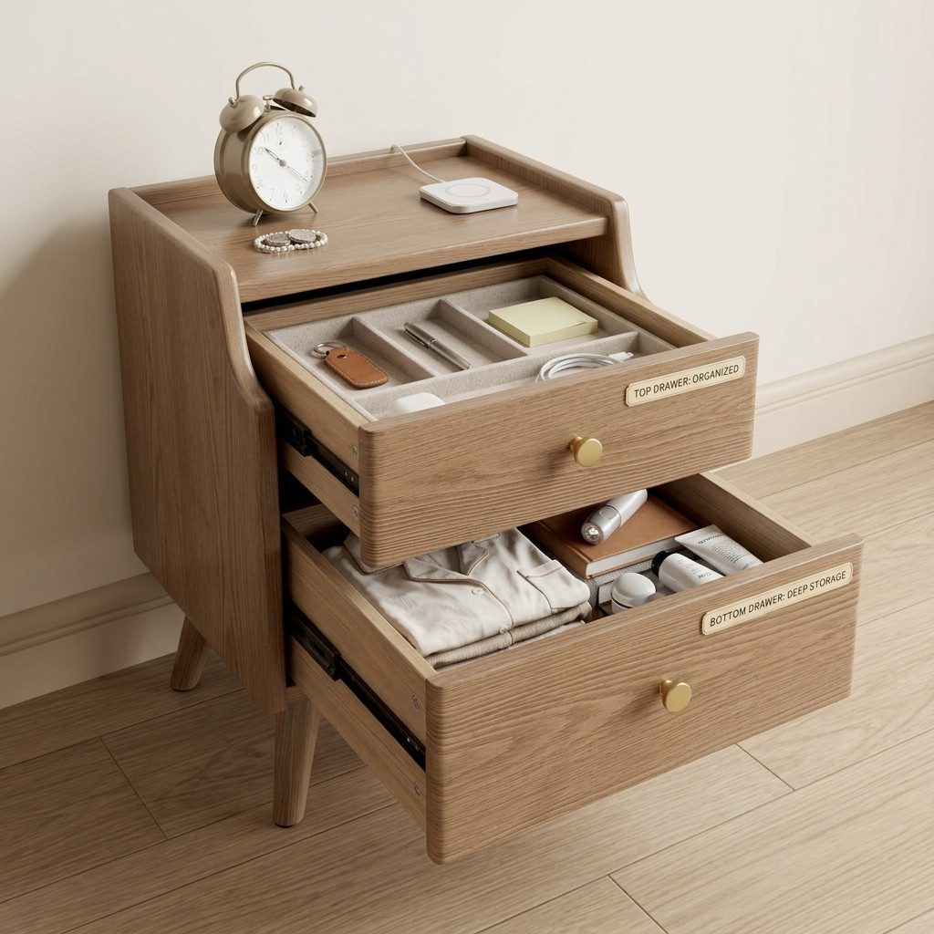 AQIMUELE Nachttisch aus Massivholz, 2 Schubladen, Walnuss, schmal & platzsparend (1-St), Nachtschrank auch als Beistelltisch, 20x27x52cm – Bild 3 von 5
