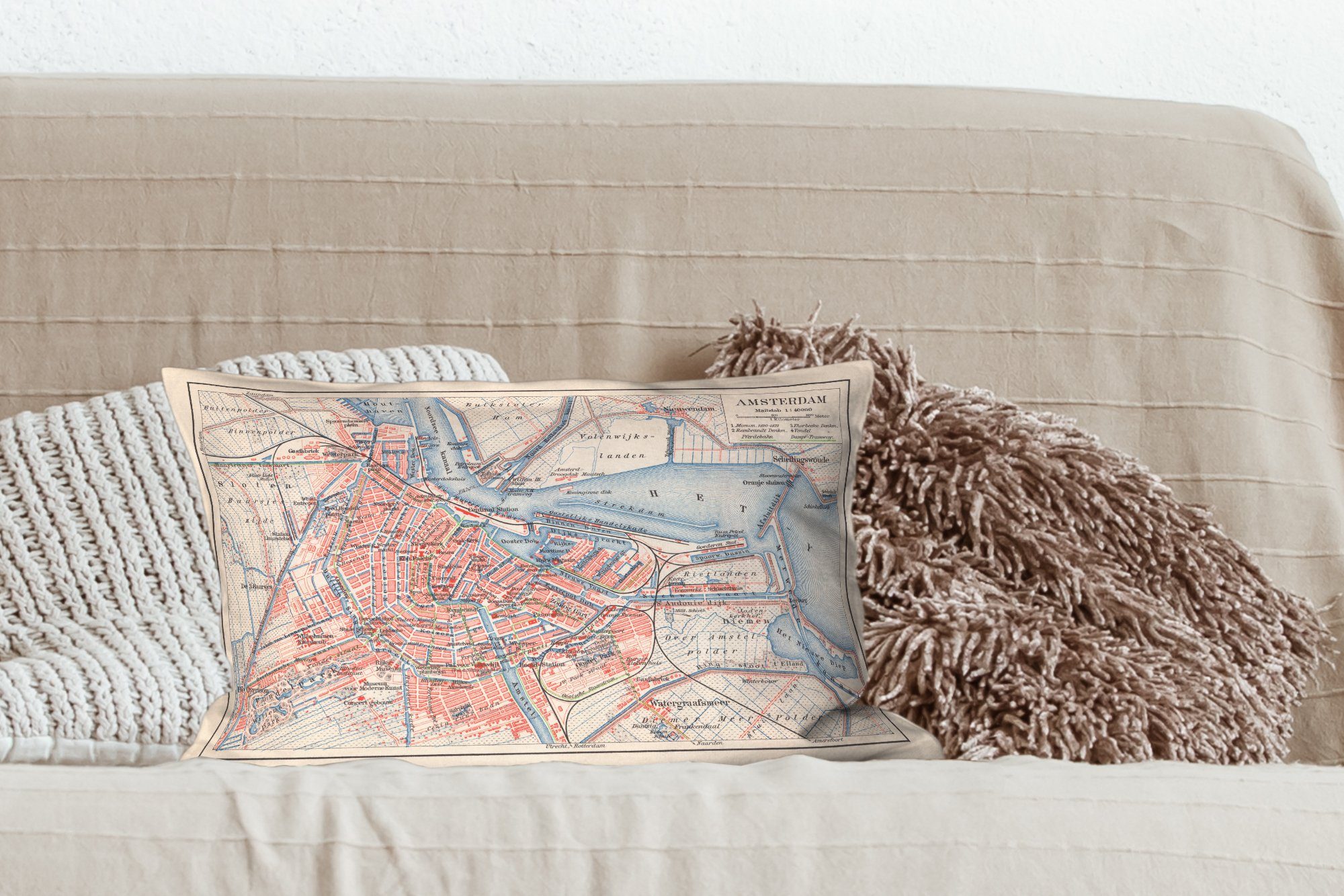 Stadtplans Amsterdam, mit Schlafzimmer Wohzimmer Illustration MuchoWow Zierkissen, Dekoration, Dekokissen eines Füllung, von Dekokissen