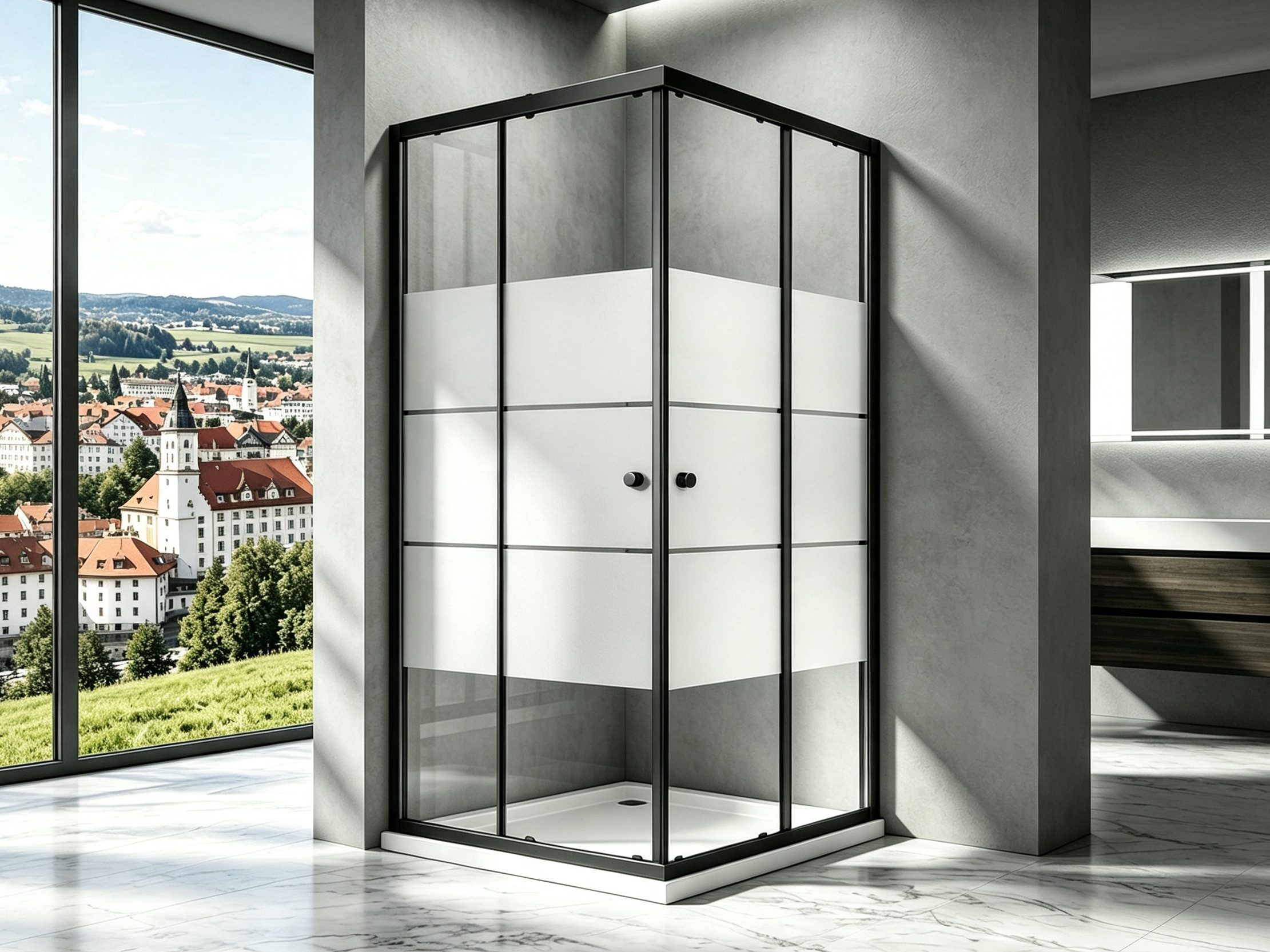 Boromal Eckdusche Duschkabine Duschabtrennung Schiebetür Schwarz Milchglas H:185cm, BxT: 75x75 cm, 5mm Sicherheitsglas, Eckeinstieg Duschwand für Dusche, Alu-Rahmen, Schnellfreigabefunktion,Spritzwasserschutz