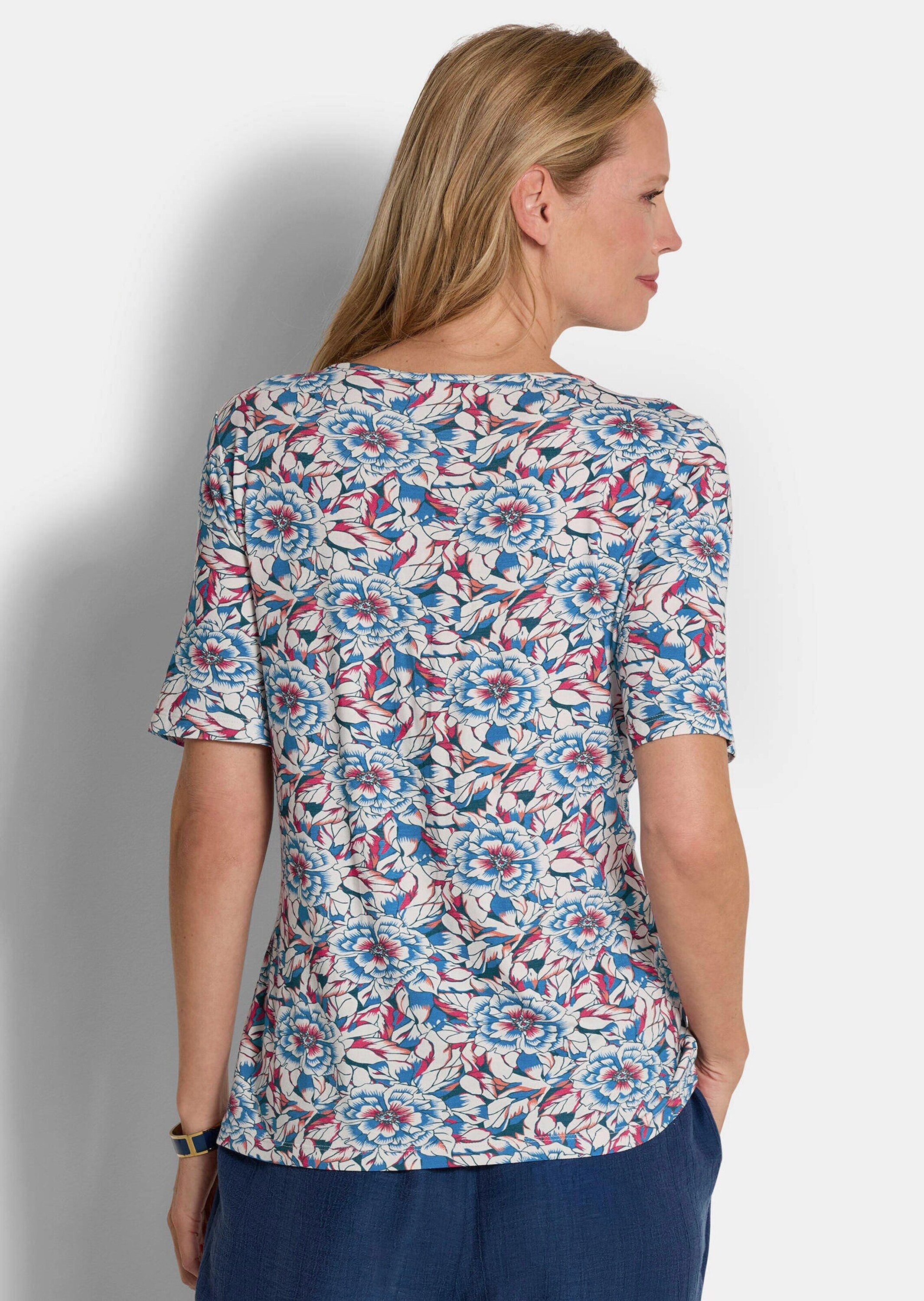 GOLDNER T-Shirt Cityshirt mit floralem Design Viskoseshirt mit schmalem U-Boot-Ausschnitt und Halbarm