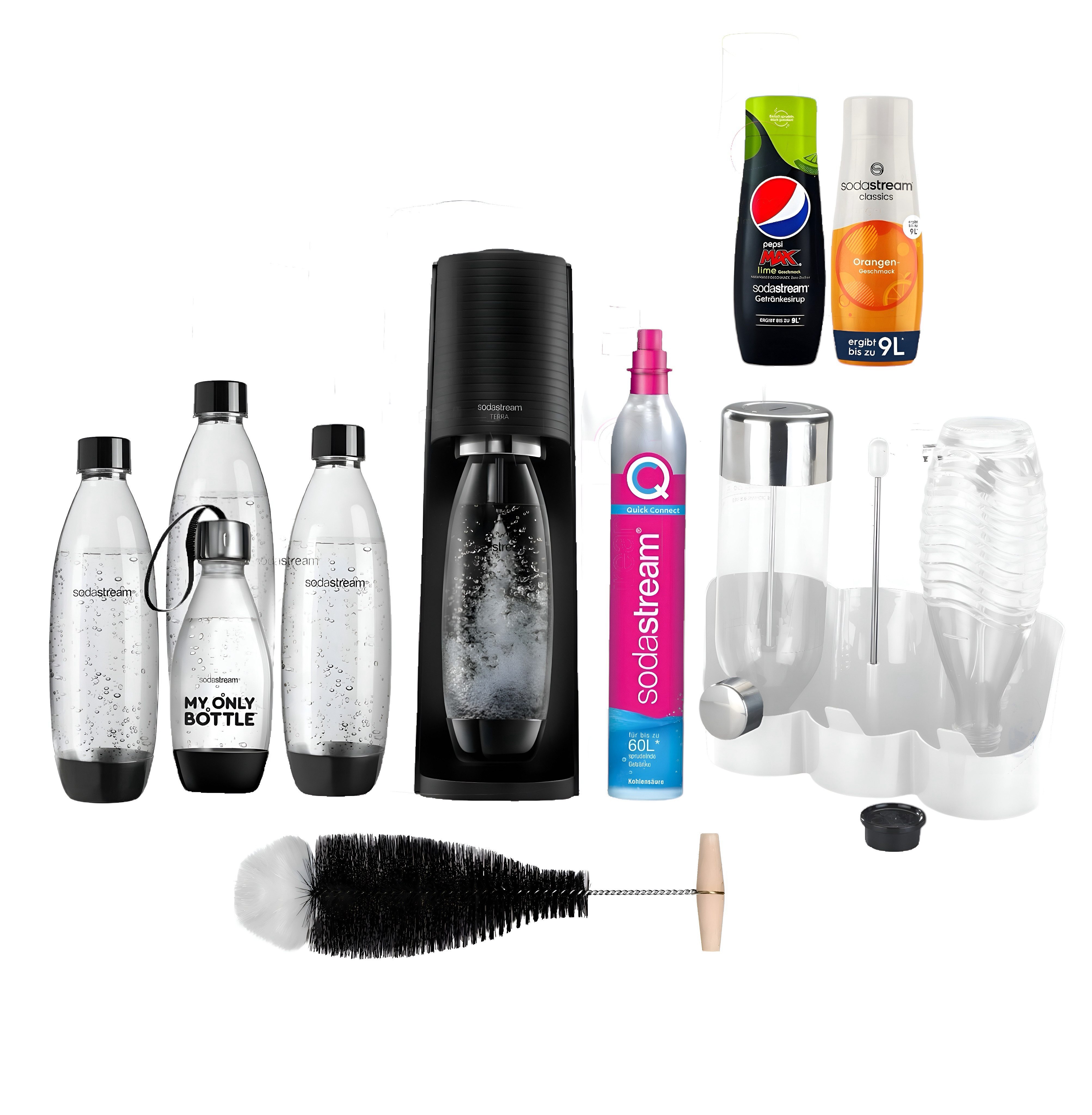 Wassersprudler TERRA Set 5 Flaschen, CO2-Zylinder, Flaschenhalter, 2x Pepsi Sirup