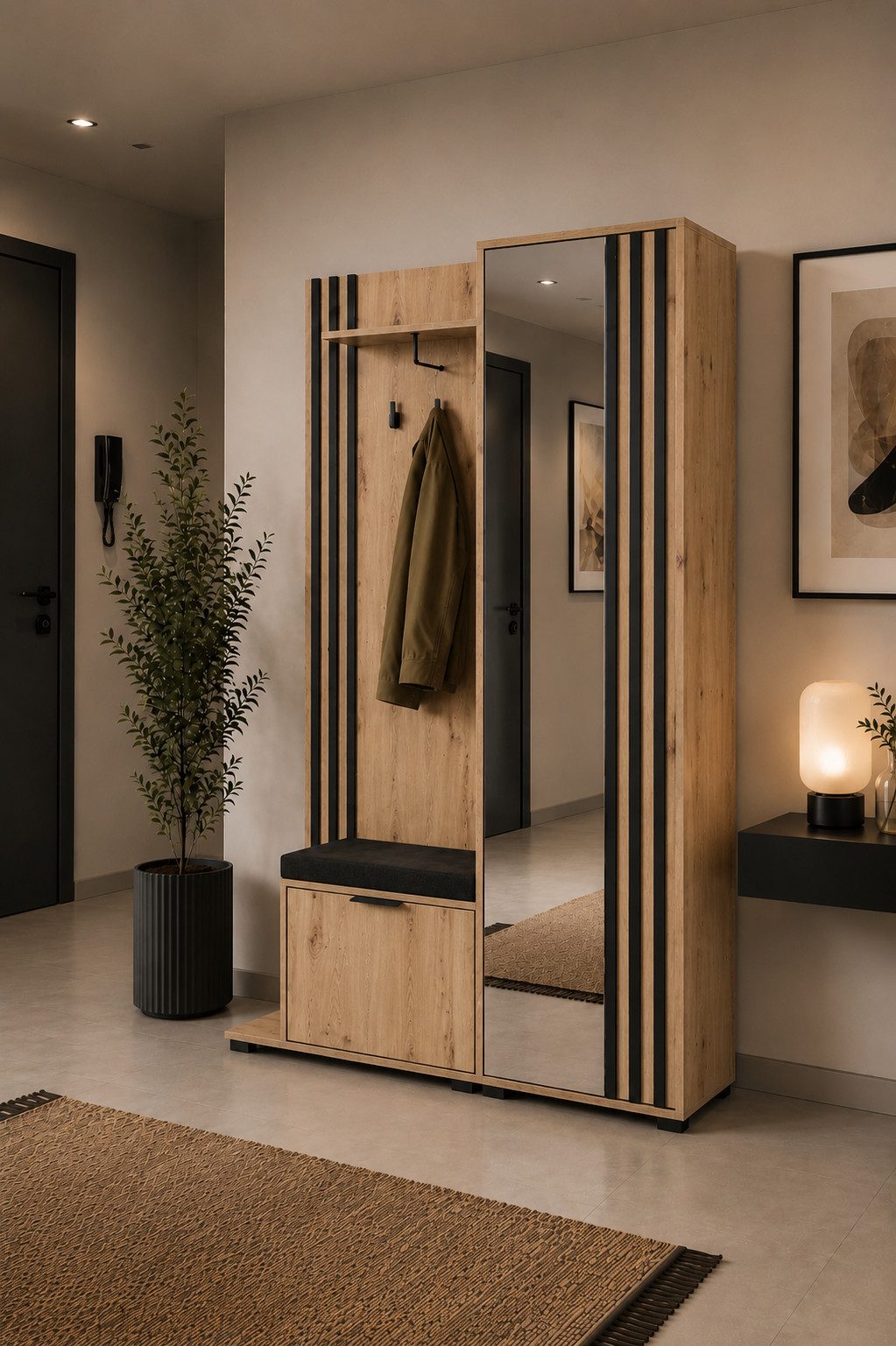 MOEBLO Kompaktgarderobe JOHN (Dielenschrank Wandschrank Regal Diele & Flur Kleiderschrank Schuhschrank, mit Spiegel Flurgarderobe Schrank Kompaktgarderobe), (BxHxT): 135x197x34cm