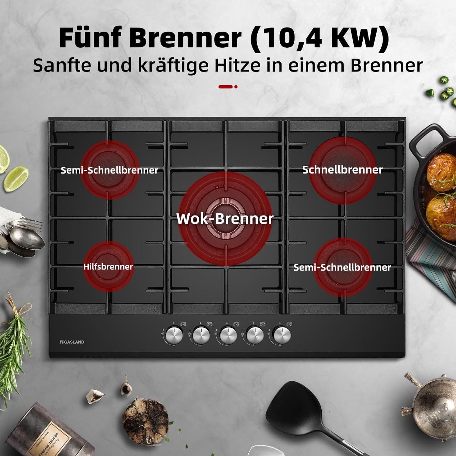 GASLAND Gas-Kochfeld GH2805BG1FC, 5-flammiges Gas-Kochfeld mit Wok, 76 cm, 10400 W, LPG/Erdgas, Schwarz