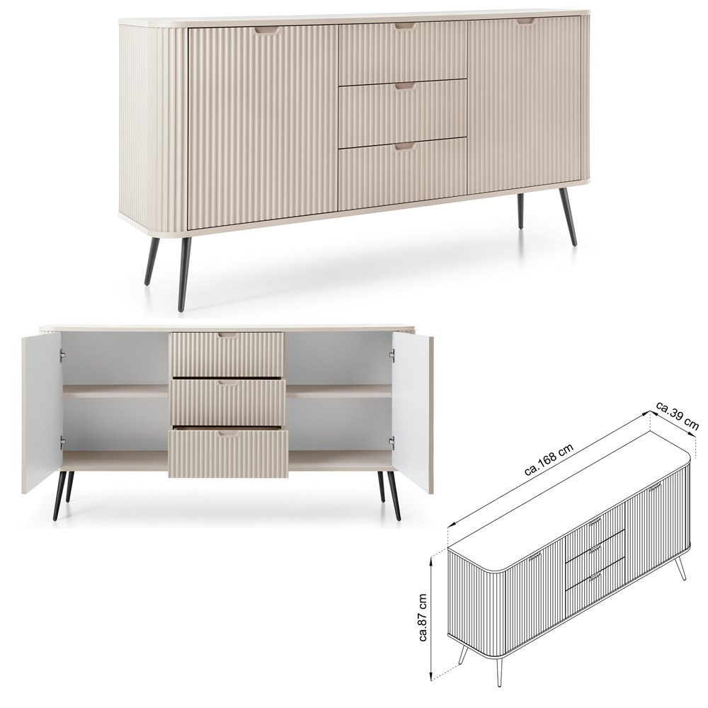 Lomadox Wohnzimmer-Set ZARA-160, (Mega-Spar-Set, 2-St., Konsolentisch Sideboard), in Kaschmir beige gerillt Rillen Metallfüße schwarz Wohnzimmerschränke