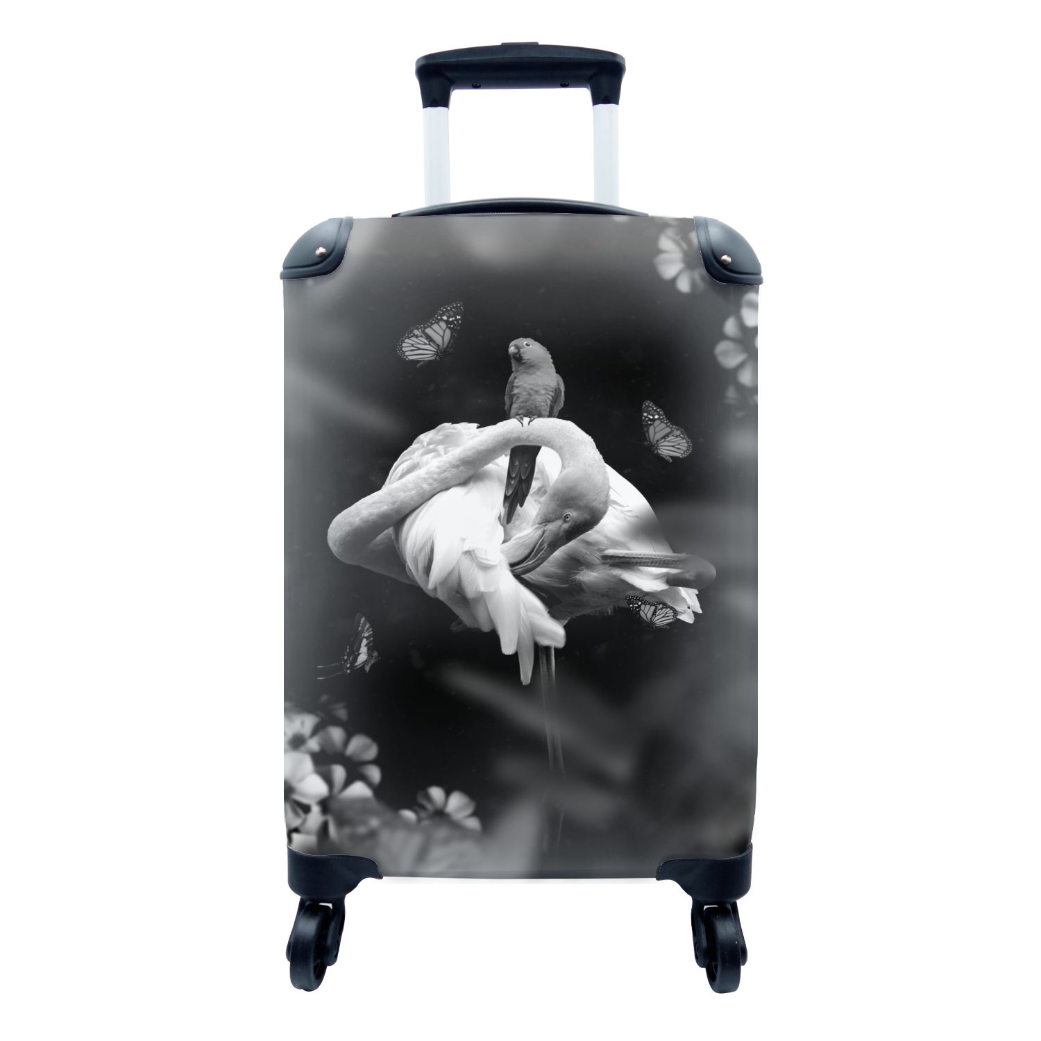 MuchoWow Handgepäckkoffer Flamingo mit Schmetterlingen für mit Rollen, weiß, Dschungel - und schwarz Trolley, Reisekoffer Handgepäck im Reisetasche rollen, Ferien, 4