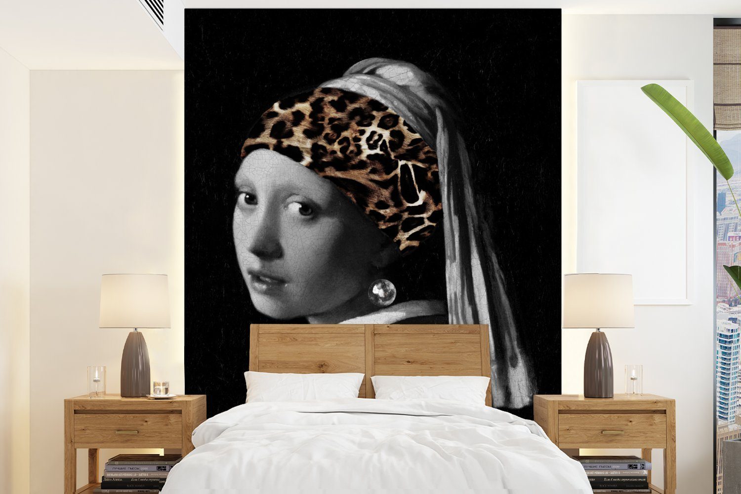 MuchoWow Fototapete Girl with a Pearl Earring - Stirnband - Panther, Matt, bedruckt, (4 St), Montagefertig Vinyl Tapete für Wohnzimmer, Wandtapete