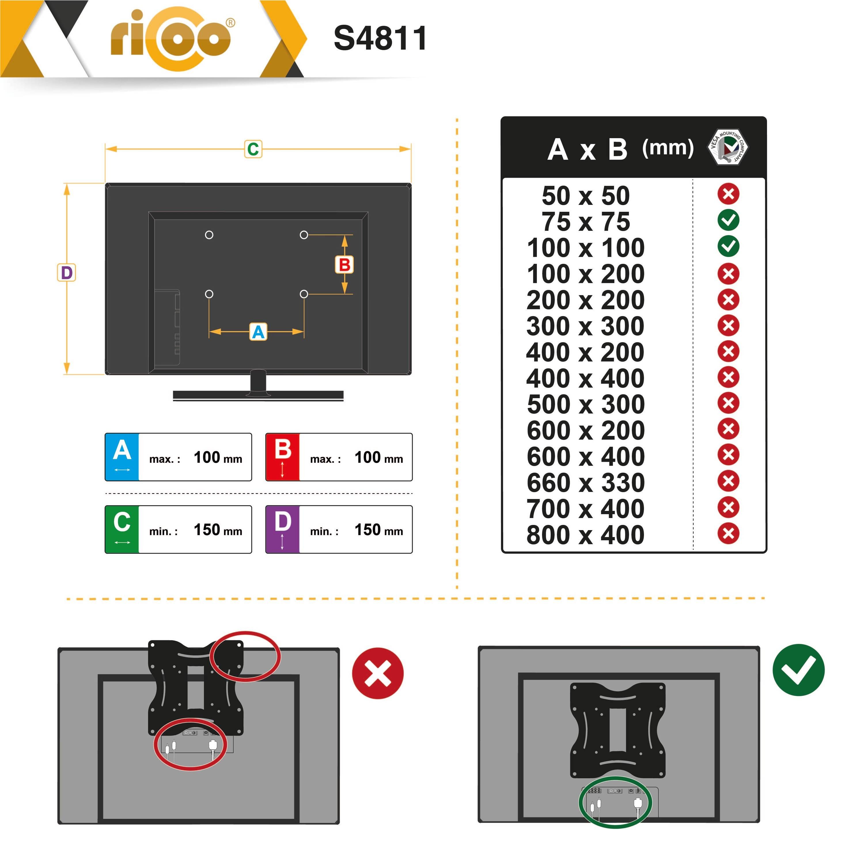 RICOO TV-Wandhalterung, Wand VESA Halter 32 Gasfeder) 100x100 Monitor (bis universal neigbar schwenkbar Zoll, S4811