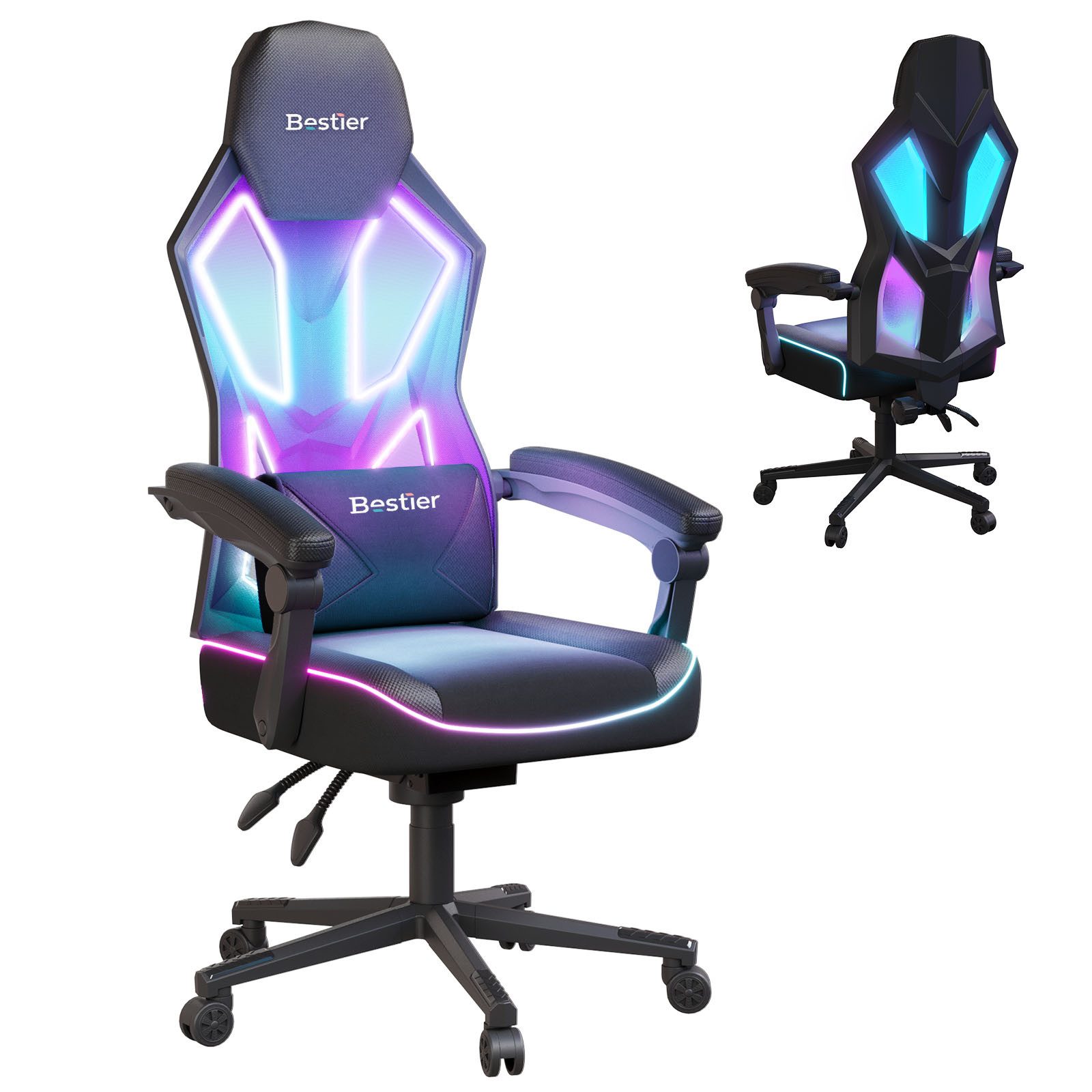 Bestier Gaming-Stuhl Gaming-Stuhl mit LED-Lichtleiste und verstellbarer Lendenwirbelstütze.