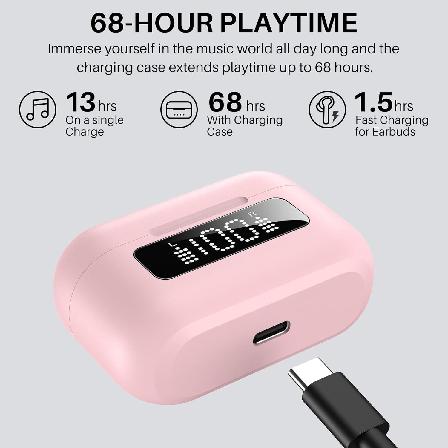 TOZO Hybrid ANC Kopfhörer mit 6 Mikrofonen & IPX8 Wasserschutz In-Ear-Kopfhörer (Bis zu 68 Stunden Akkulaufzeit mit LED-Anzeige und 10 Minuten Schnellladung für sofortige Wiedergabe unterwegs., 68 Std. Akkulaufzeit, App-Steuerung & Digitalanzeige für klaren Sound)