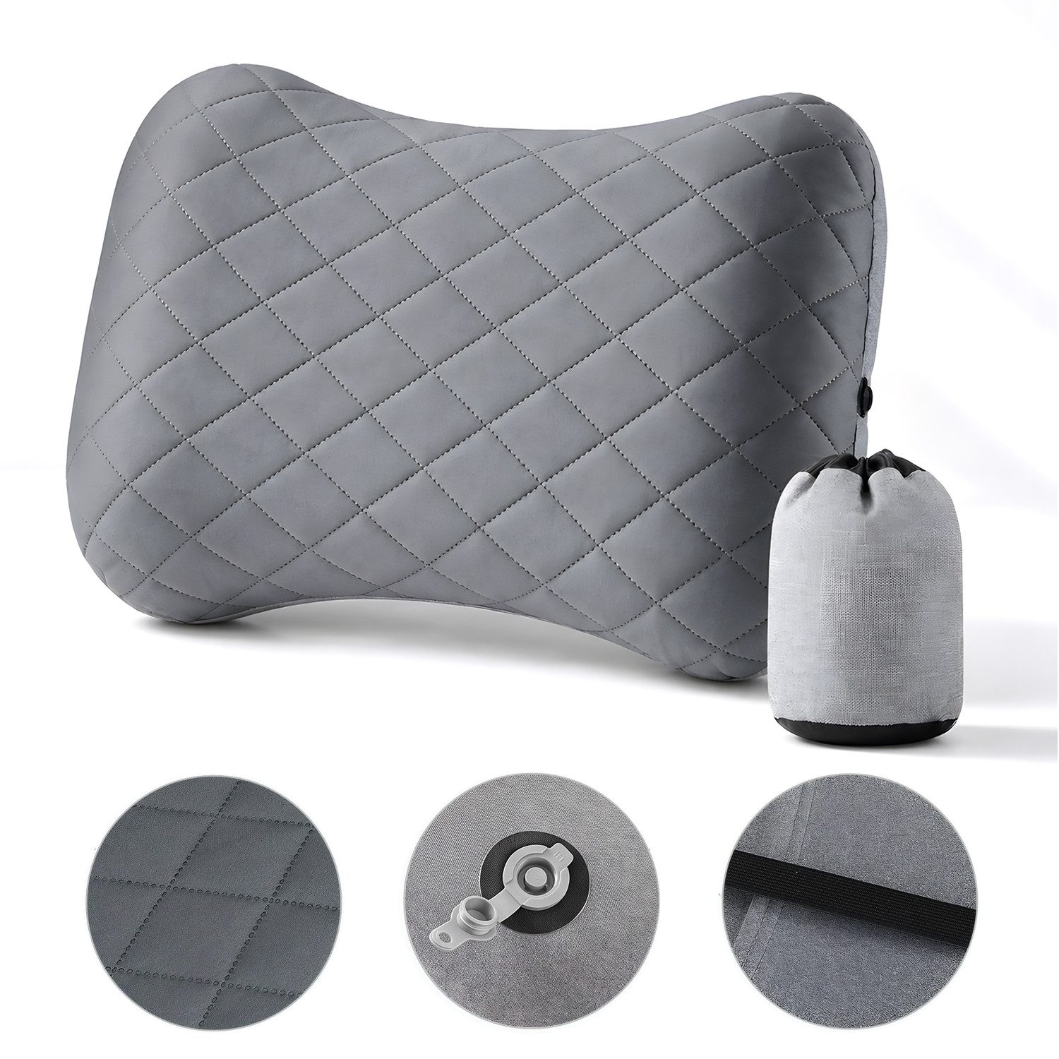 HEYHIPPO Reisekissen Aufblasbares Campingkissen, mit abnehmbarem Bezug, für Reise & Outdoor, Packung, TPU-Kern wasserdicht – 1-Klick-Ventil, schnell aufblasbar & anpassbar, Reisekissen aufblasbar–44×26×12 cm, kompakt, für Büro&Camping, grau
