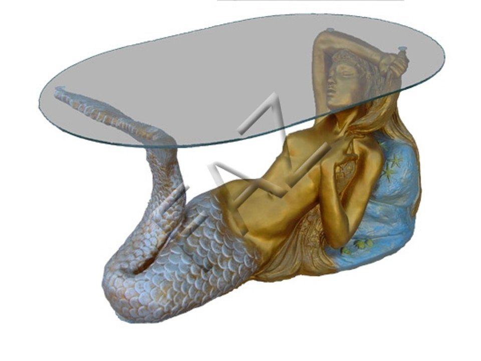 JVmoebel Skulptur Design Tisch Meerjungfrau mit Glas Figur Statue Skulptur Figuren Neu