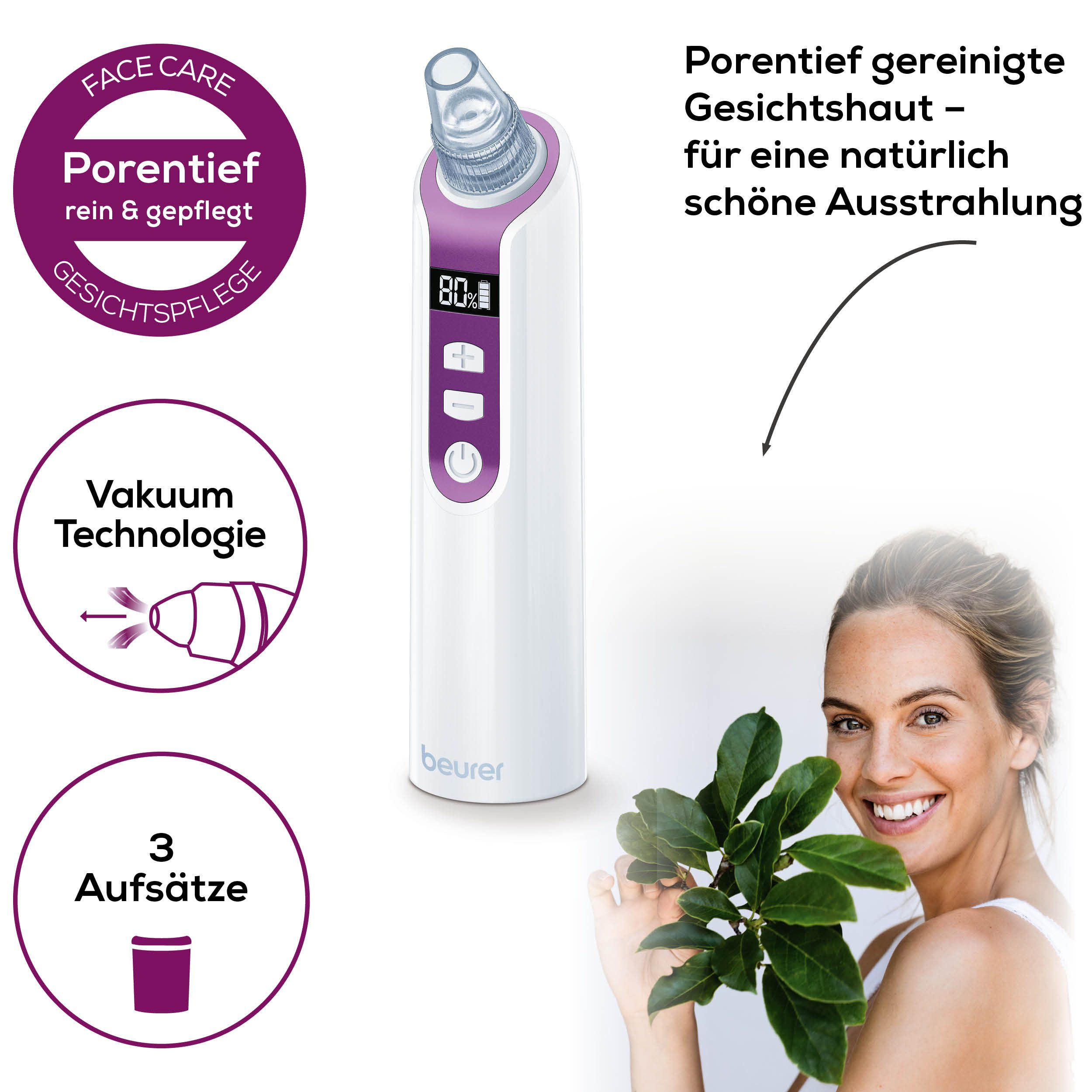BEURER Porenreiniger FC 41 Mitesserentferner durch Vakuumtechnologie, 5 Intensitätsstufen und 3 Aufsätze für eine individuelle Anwendung