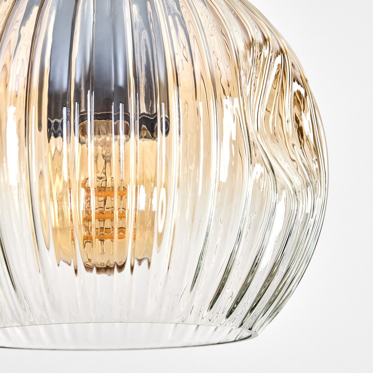 hofstein Pendelleuchte Hängelampe Metall/Holz/Riffelglas, Schwarz/Natur/Rauch/Bernstein/Klar, Hängeleuchte im Retro/Boho-Design m. Holzbalken, (Schirme Ø 15cm), E27