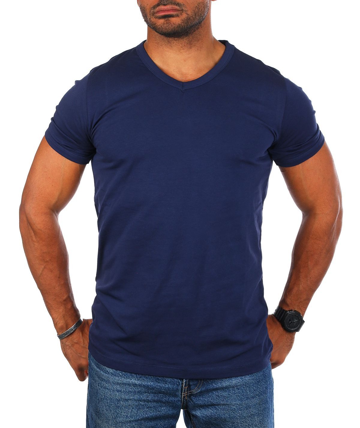 CARISMA T-Shirt Herren Uni Basic tief-breit geschnittener V-Ausschnitt v-neck 4644 V-Ausschnitt unifarben kurzarm slim fit