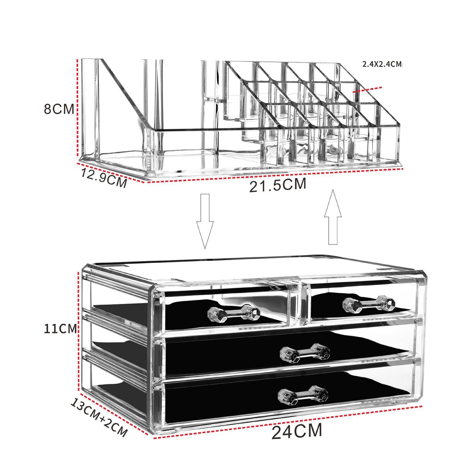 HEYHIPPO Make-Up Organizer Acryl Kosmetik Organizer mit 4 Schubladen, transparent,flexibel,modern, Elegante Aufbewahrungsbox für Kosmetik und Schmuck, 24L x 13B x 19H cm, Praktische Präsentationsbox für Schreibtisch, 4 abnehmbare Ebenen