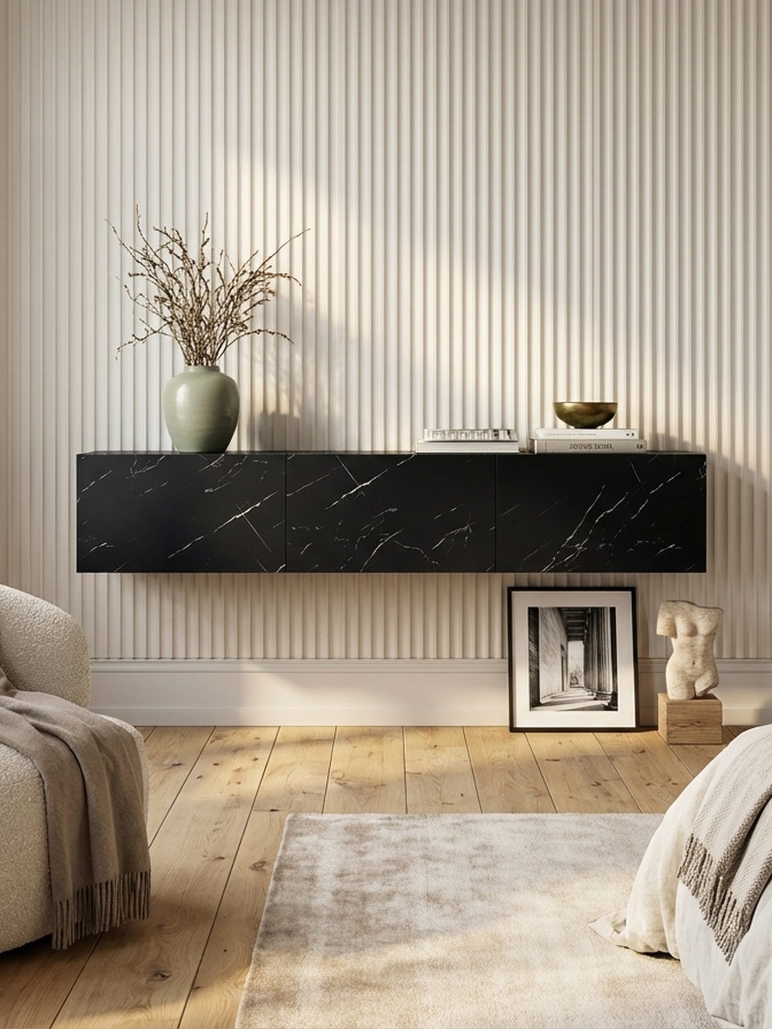 KADIMA DESIGN Lowboard Lowboard Hängend Marmor-Optik Schwarz 160x30x30 cm TV-Schrank, Design (Fernsehkommode zum Aufhängen), Fernsehtisch mit Klapptüren Modern, Fernsehschrank Wand, TV-Kommode