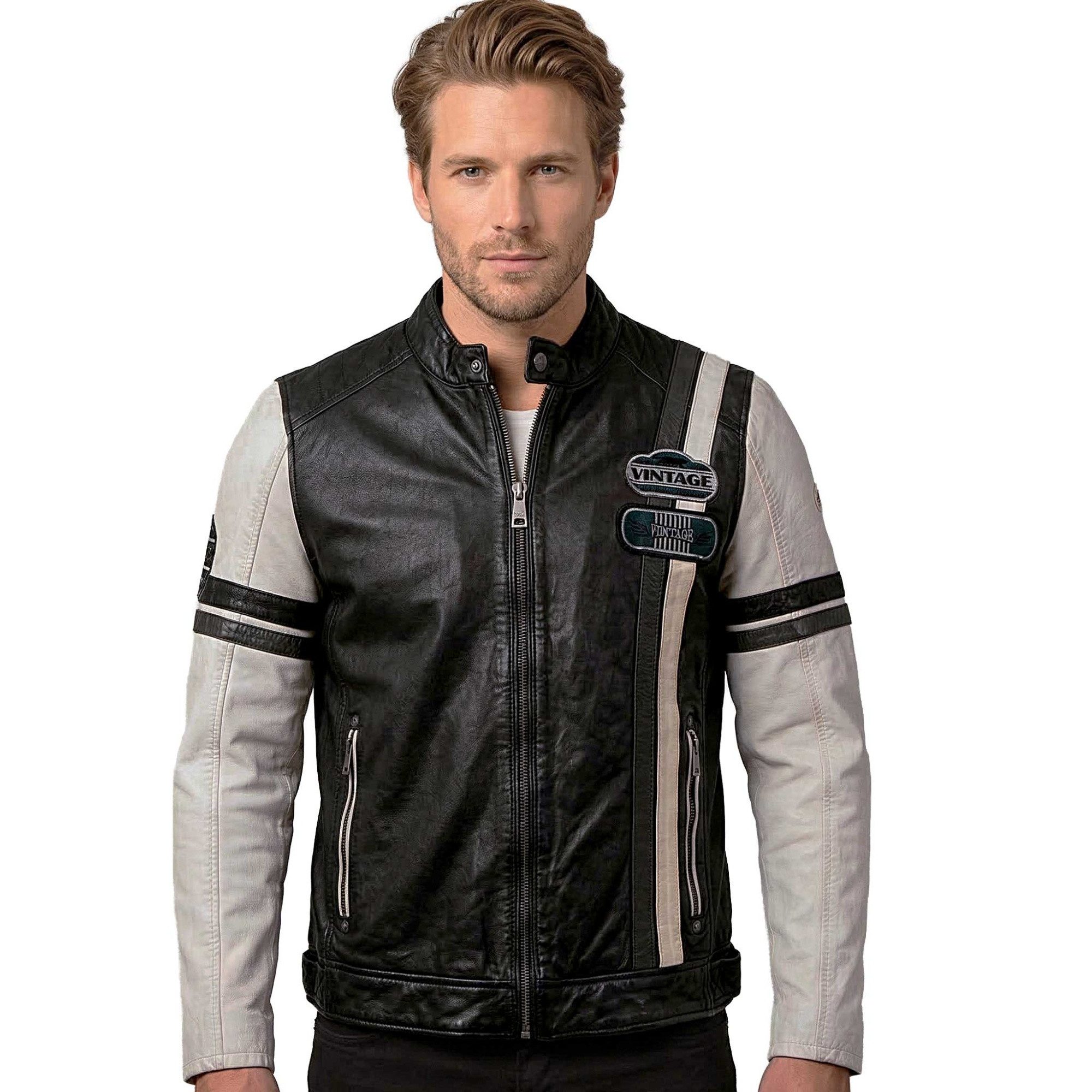 Mauritius Lederjacke MMJusco Mauritius - Herren Lederjacke Racingjacke Lammnappa schwarz weiß